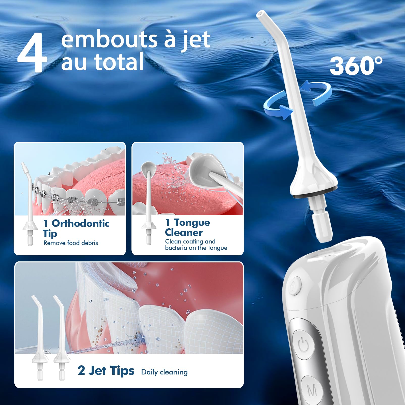 Jet Dentaire Hydropulseur, avec 4 Embouts Jet, Réservoir 300ML, Irrigateur Oral Portable avec 4 Modes, Étanchéité IPX7, Rechargeable, Nettoyage Dentaire pour Adultes à Domicile et en Voyage