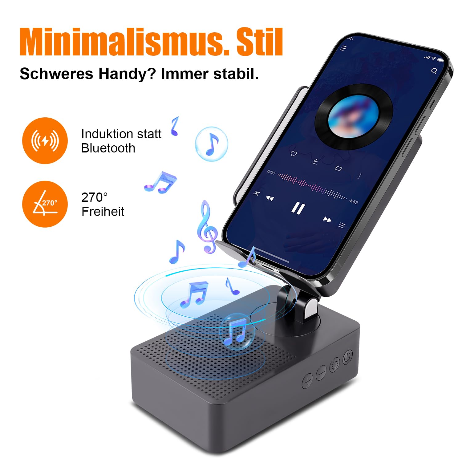EDUPLINK Altoparlante Bluetooth con supporto per cellulare, induttivo e regolabile a 270°, per smartphone, altoparlante per cucina, ufficio, anziani, regalo per uomini (nero)