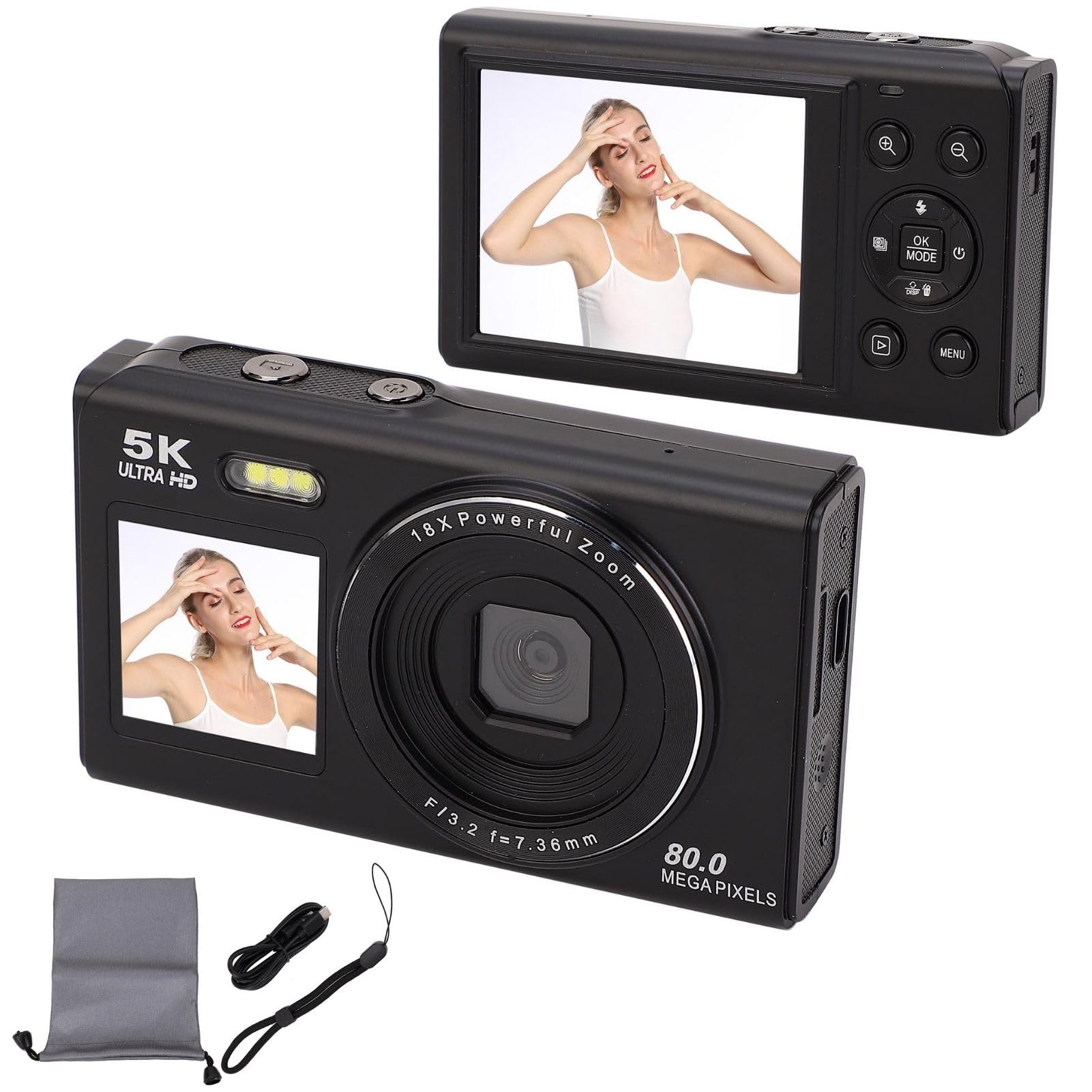 BuyWeek Cámara Digital Fotográfica 5K 80MP con WiFi, Zoom Digital 18X Autoenfoque Cámara HD Vlogging con Pantalla Dual de 2,8 Pulgadas y 1,5 Pulgadas, Flash Integrado, con Tarjeta de (Negra)