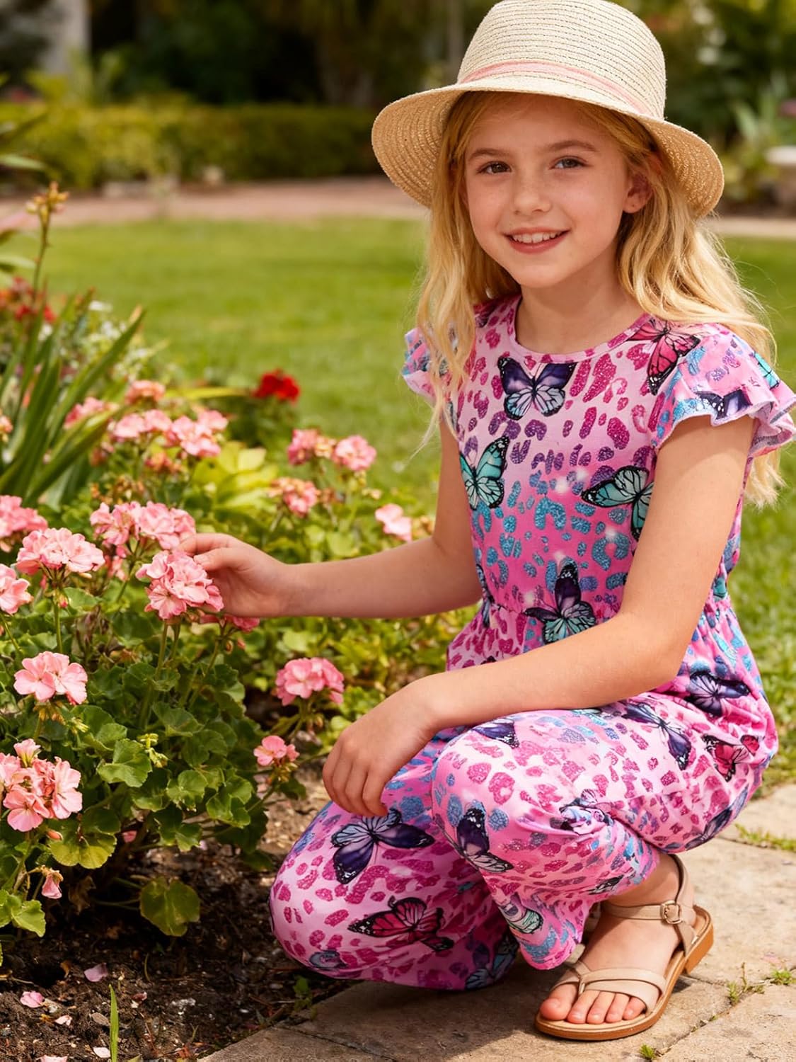Haloumoning Girls Floral Jumpsuit Kids Fashion Ruffle Cap Sleeve Wide Leg Romper One Piece Outfits with Pockets - Image 3