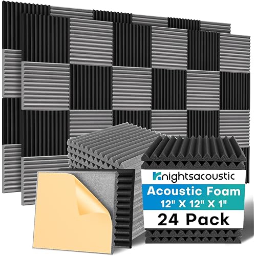 Knightsacoustic 24 Pack Sound Proof Foam Panels with Self Adhesive, 12x12x1 Fire Resistant Acoustic Foam Panels, High Density Acoustic Panels Sound Absorbing, Studio Noise Cancelling Black Grey