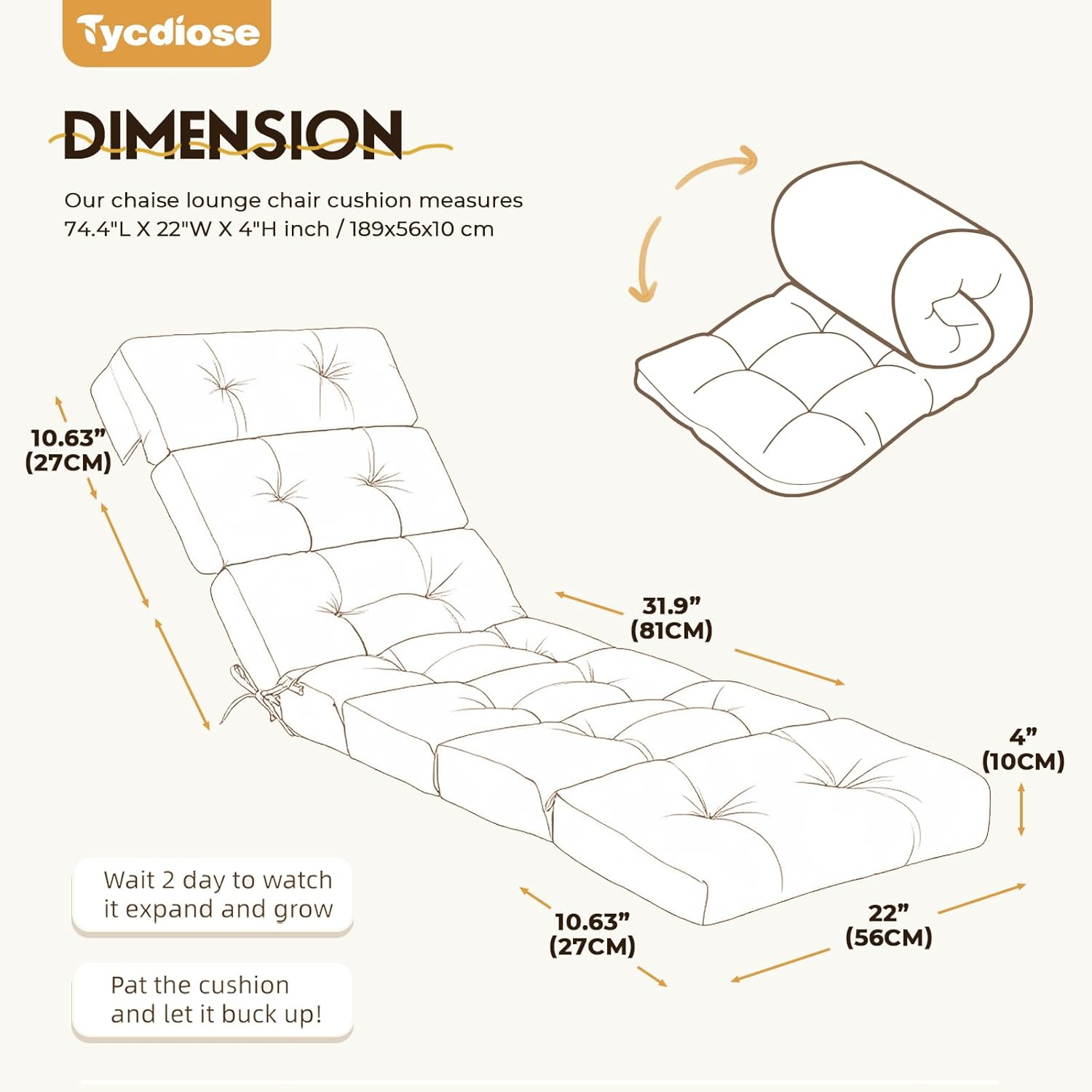 All Weather Chaise Lounge Cushions Outdoor 74.4 x 22 x 4 Inches Lounge Chair Cushion, Waterproof Pool Chaise Lounger Chair Cushion Replacement for Outdoor Patio Furniture with Ties, Grey