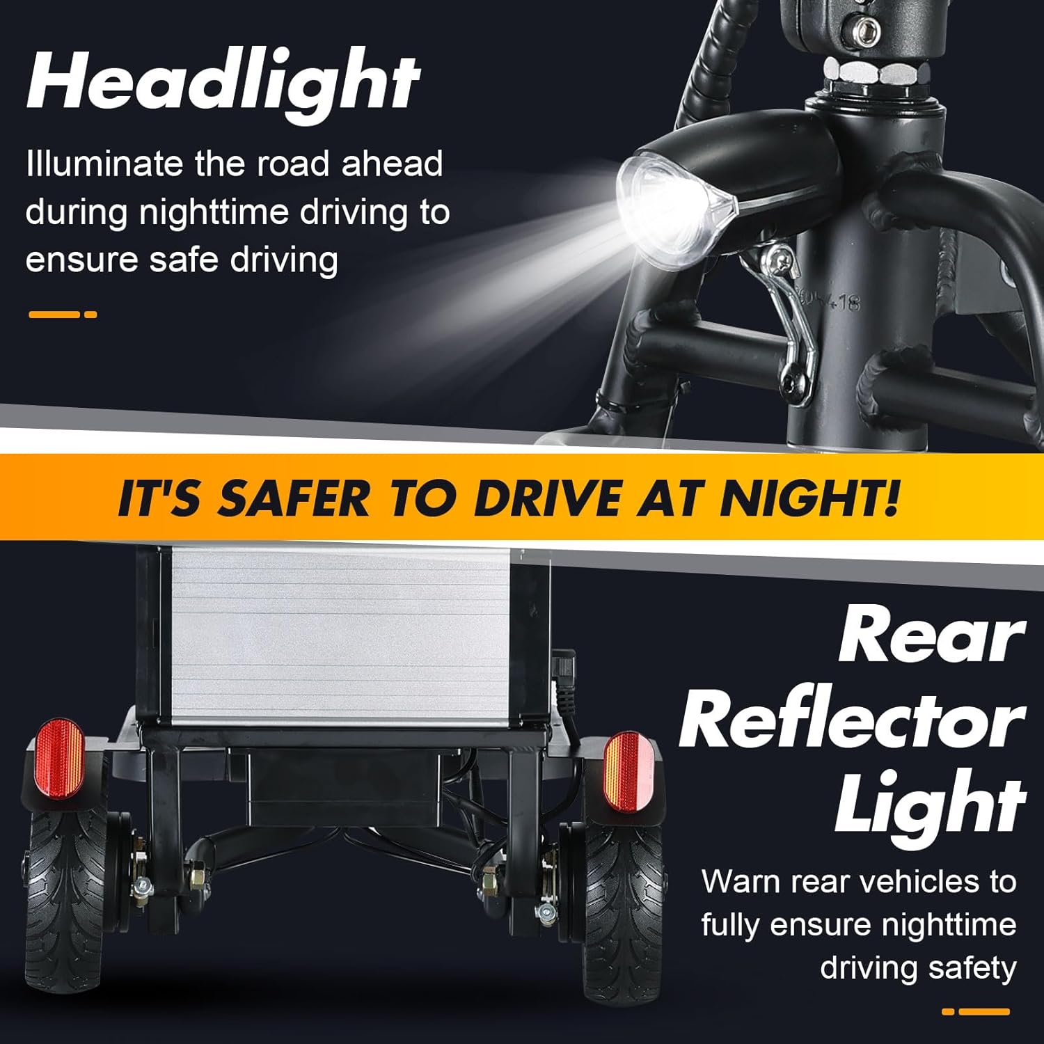 Close-up of the scooter's headlight illuminating the road and rear reflector light.