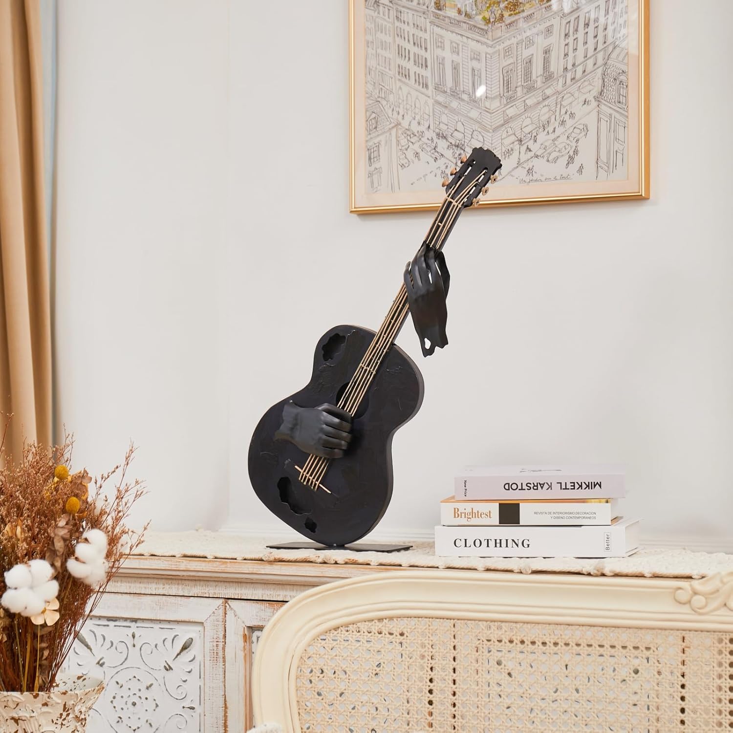 Metal Music Decor, 23” H Handmade Guitar Sculpture Home Decor, Hand-Painted Western Statue Decorations for Living Room, for Music Lovers Musician & Teachers (Black)