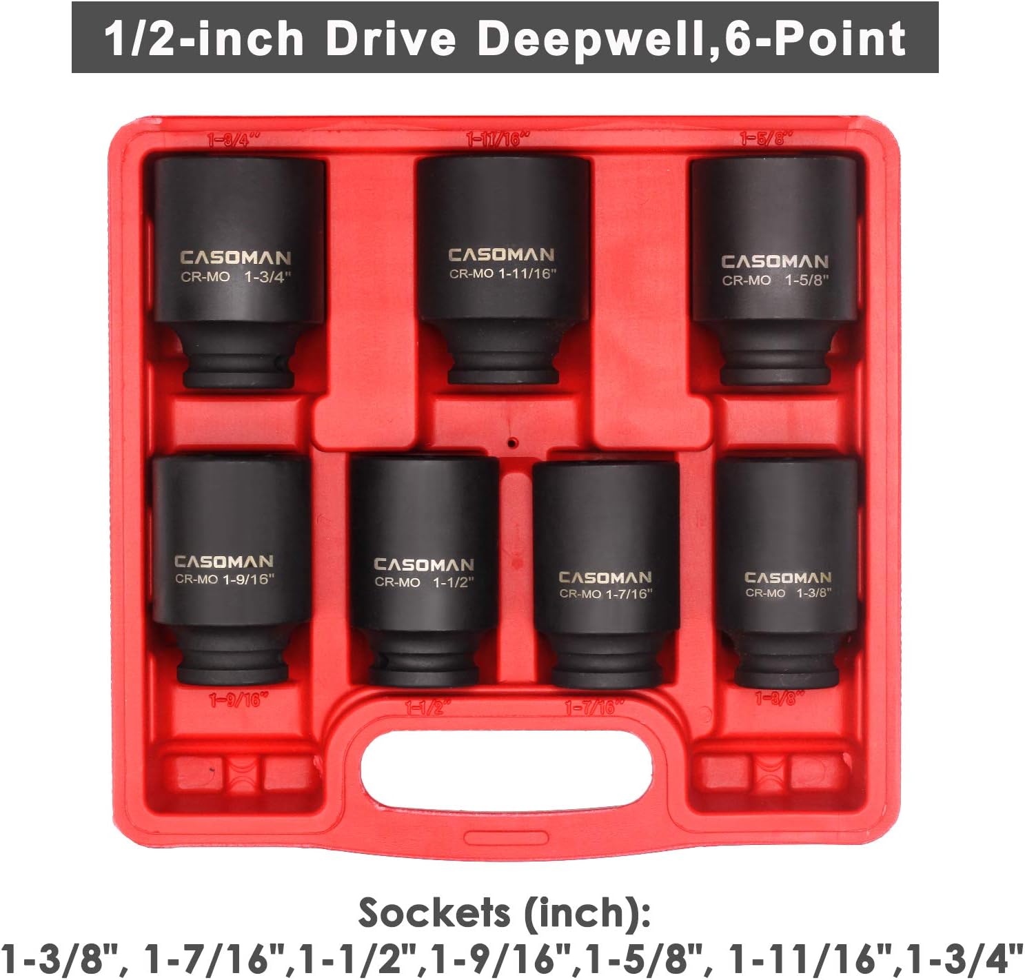 CASOMAN 1/2" Drive Master Impact Socket Set, 36 Piece Deep, Standard SAE (3/8" To 1-1/4") & Metric (10-32 mm) Sizes, Includes Extension Bar (3, 5, 10-inch), Adapters & Ratchet Handle, CR-V Steel & 1/2
