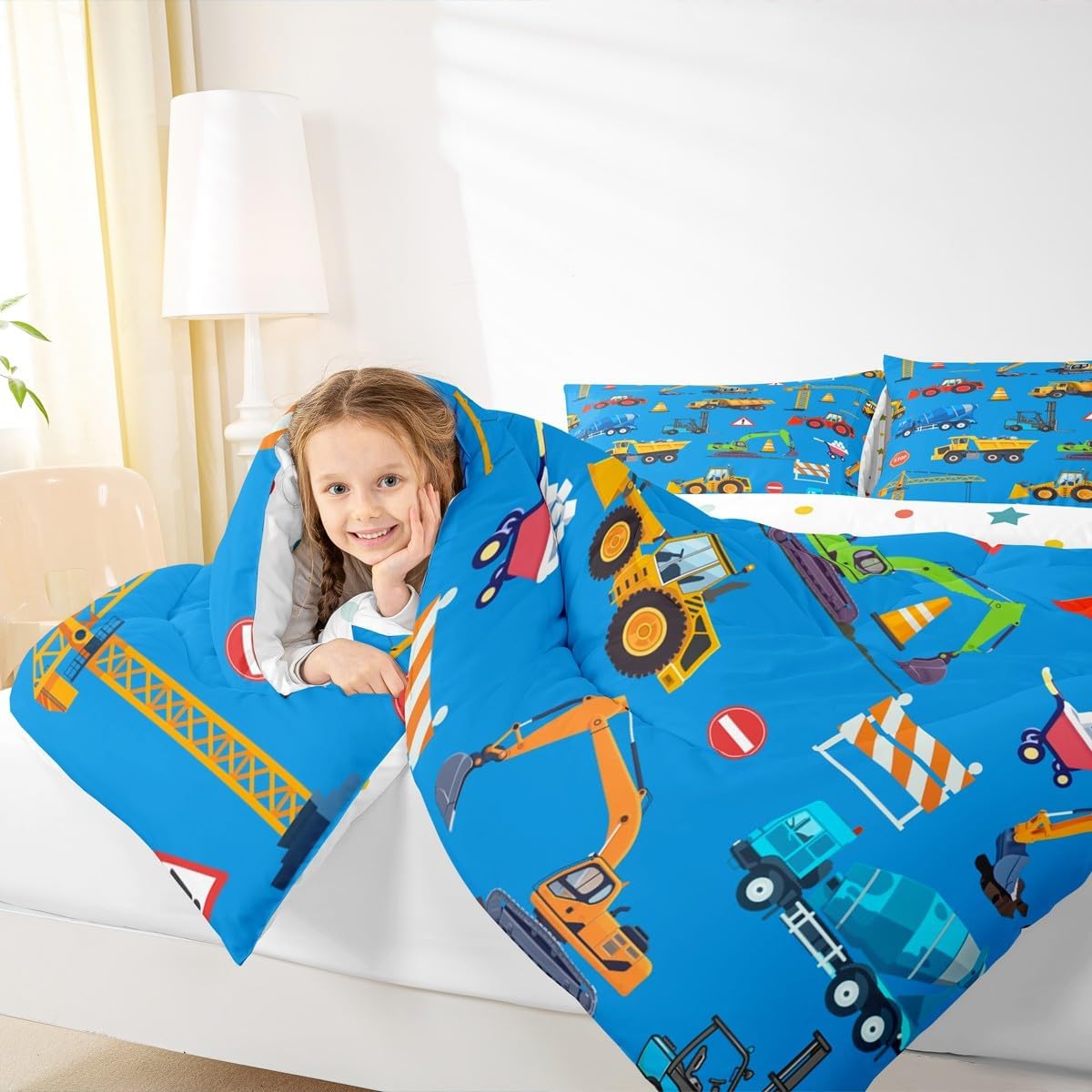 Feelyou Construction Comforter Set Boys Twin Size Blue Excavator Bedding Set with 1 Pillow Cases Kids Trucks Comforter Microfiber Construction Car Bedroom Decor Duvet Quilt Breathable Soft - Image 8