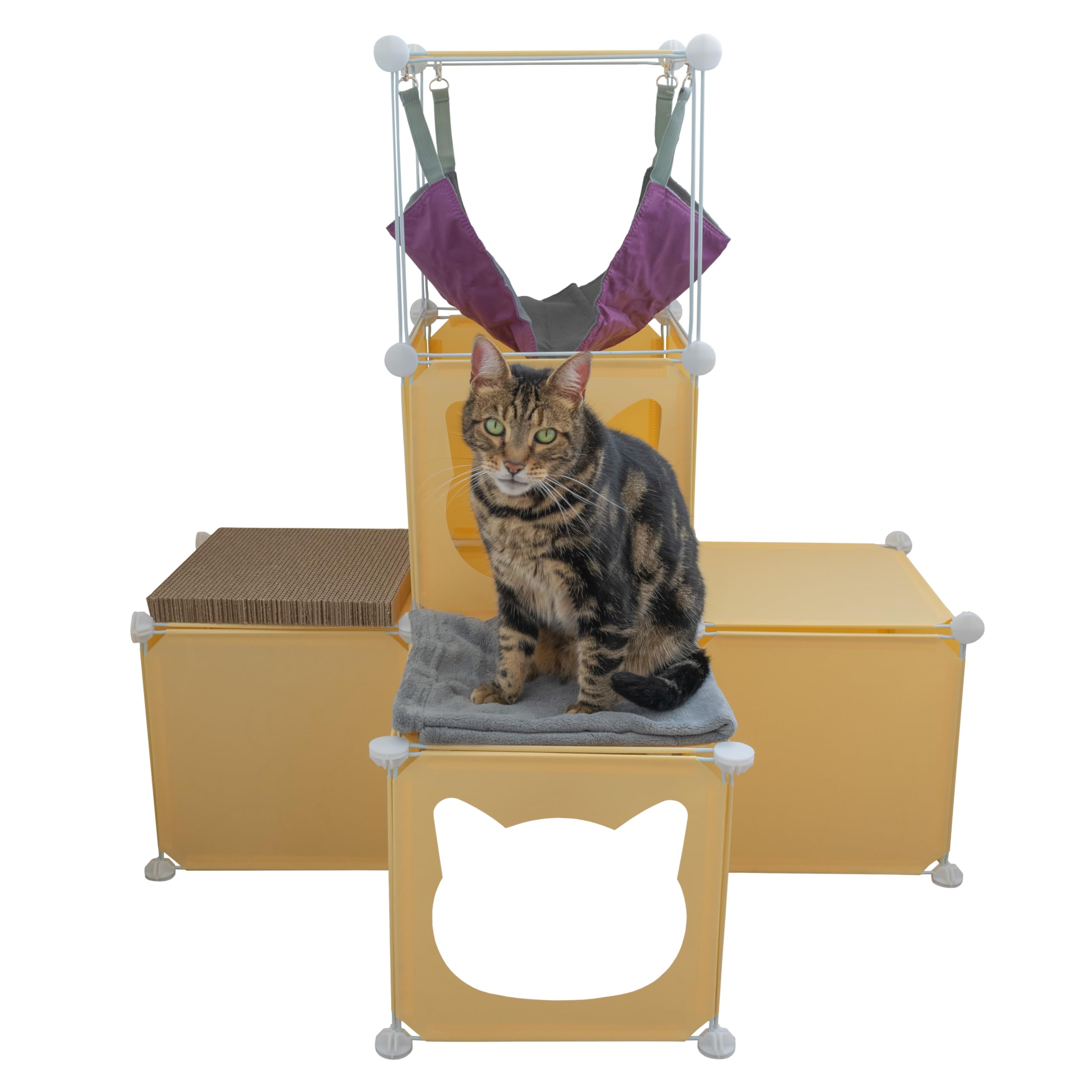 Kitty Cubby Cat Cube Play Tower Medium Size โ Modular Cat Activity Centre with Hammock, Scratcher & Blanket | Customizable Climbing & Playhouse for Cats (Pink, Grey, or Cream) (Cream)