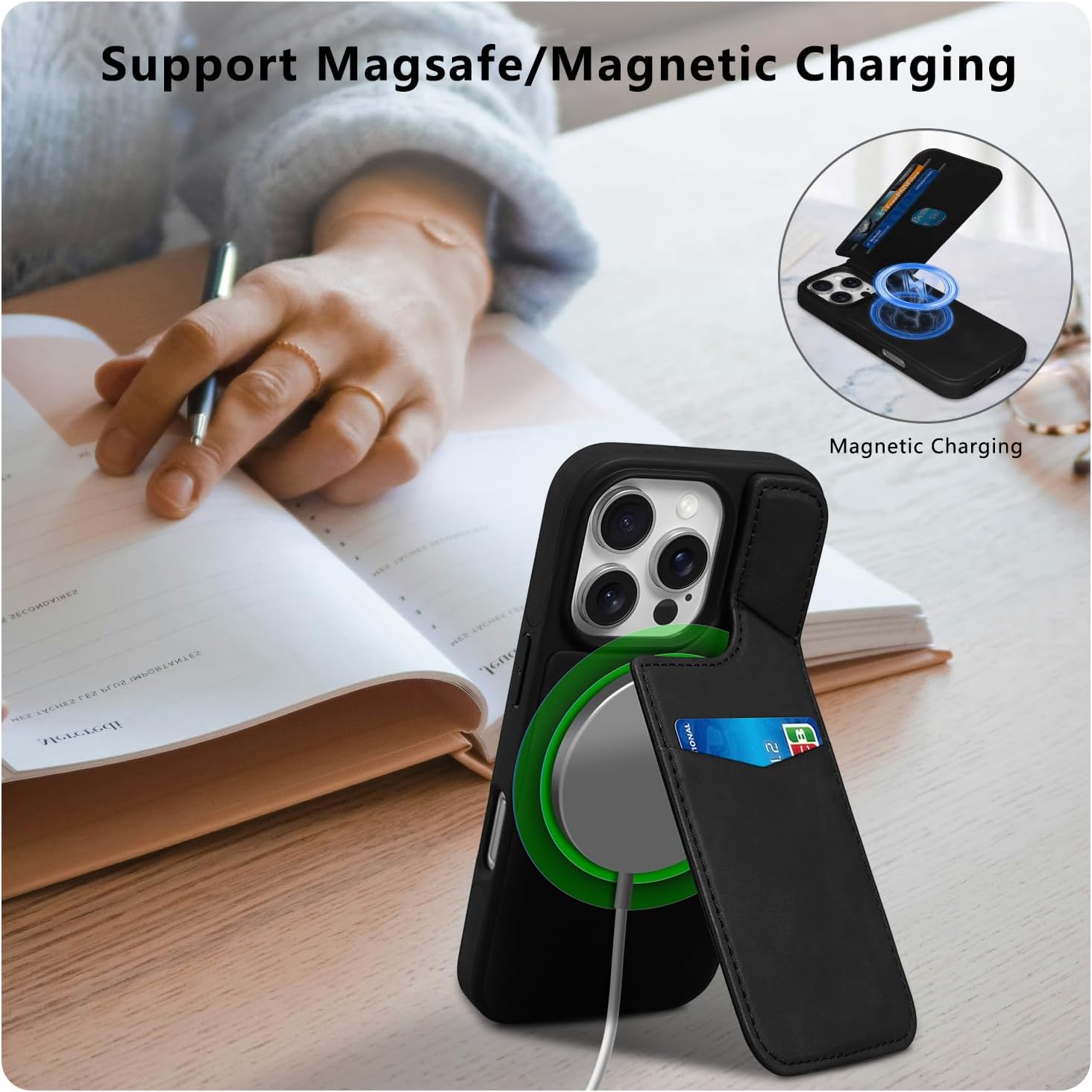 Case for iPhone 16 Pro Max Wallet Case with 3 Credit Card Holder [RFID Blocking], MagSafe, Kickstand, Magnetic Back Flip Case Heavy Duty Protective Cover for iPhone 16 Pro Max 6.9"-Black - Image 4