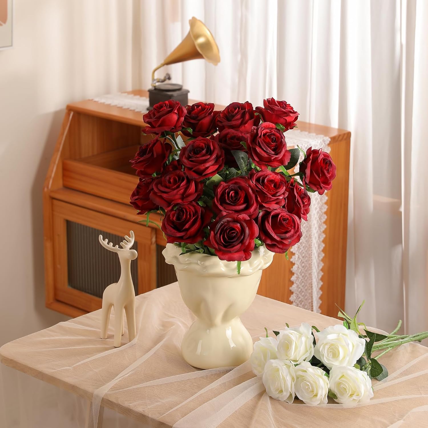 Nubry 24pcs Artificial Burgundy Roses, Fake Silk Roses Flower with Long Stems, Realistic Flowers for Bridal Wedding Party Table Centerpiece Home Decor - Image 7
