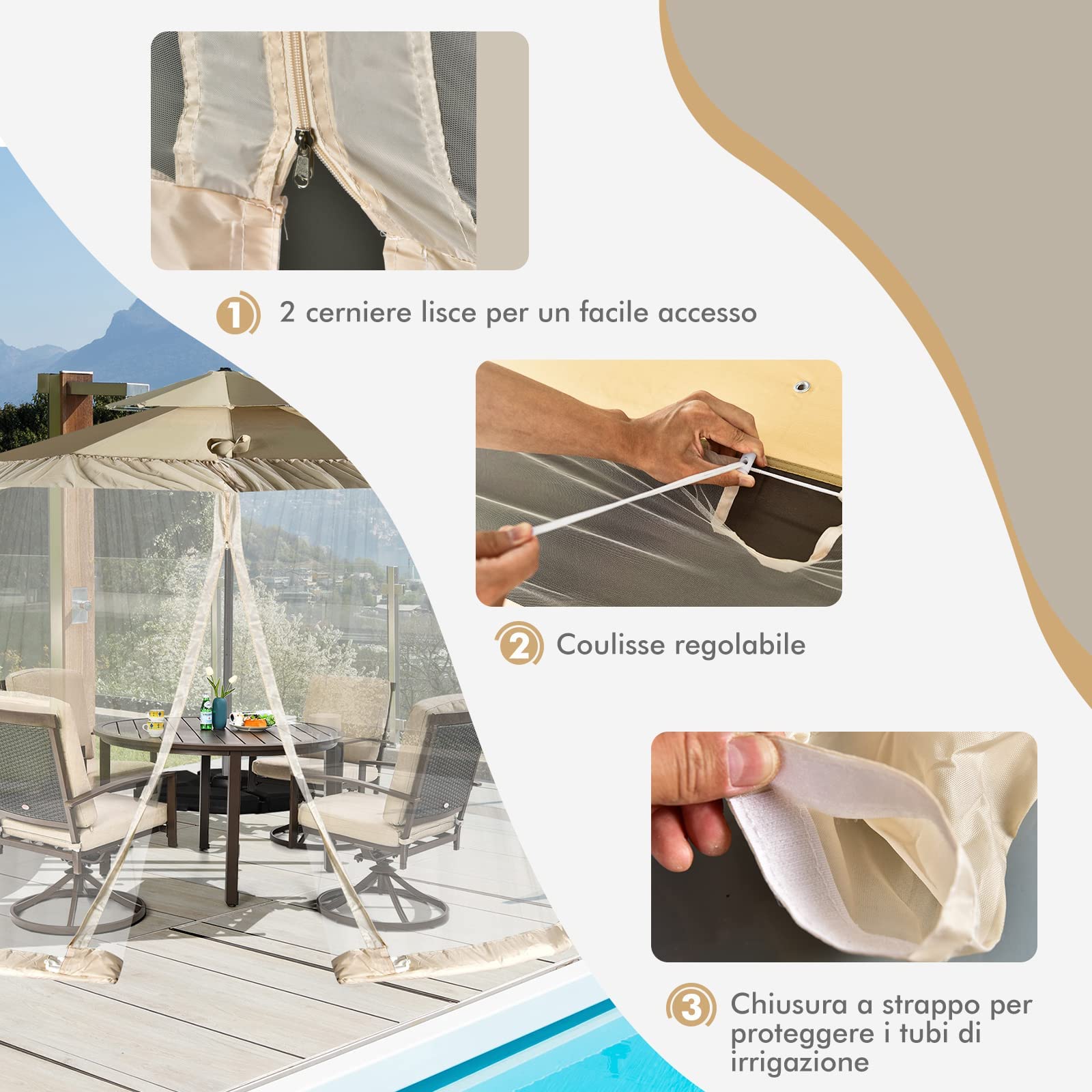 RELAX4LIFE Zanzariera per Ombrellone e Gazebo, Zanzariera con Porta con Cerniera e Tubo in PVC, Zanzariera Ingrandita per Ombrellone da Giardino da 400 x 400 x 230 CM (Bianco)