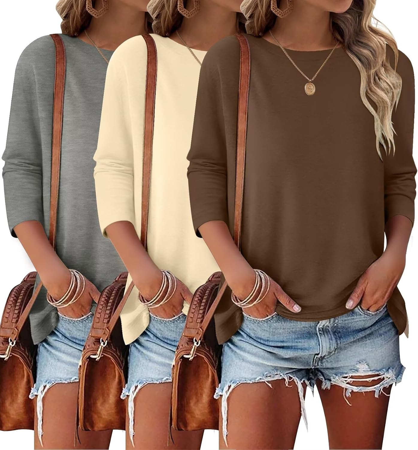 Bliwov 3 Pack 3/4 Sleeve Tops for Women Crewneck Basics Casual Work Tees Spring Summer Trendy T Shirts 2026 Clothes Blouses