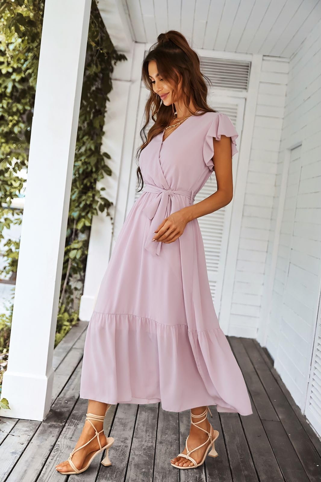 Awemeal Elegancka sukienka damska, letnia sukienka z dekoltem w serek, z krótkim rękawem, długa, letnia sukienka w stylu boho, z paskiem, falbankami, obszyciem, sukienka plażowa, linia A, płynna