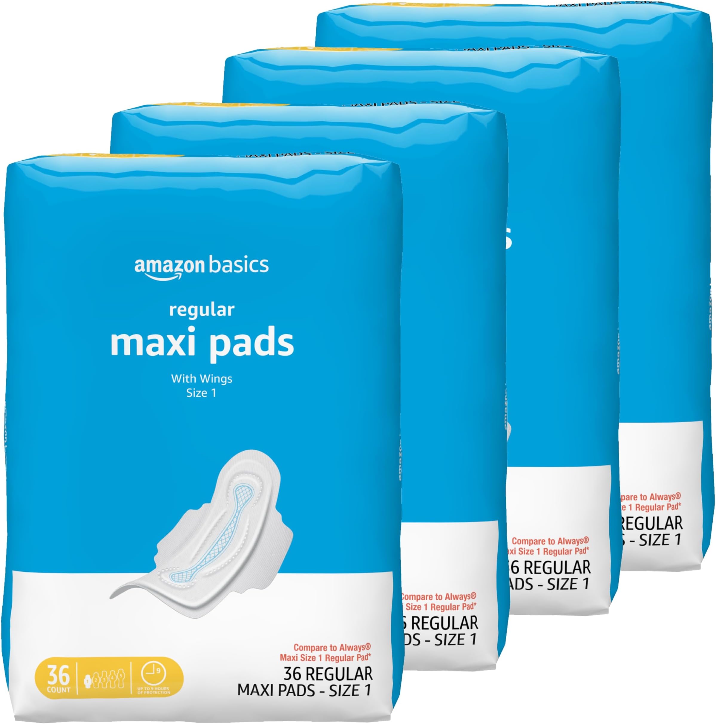 Amazon Basics Thick Maxi Pads with Wings for Periods, Regular Absorbency, Feminine Pads, Unscented, Size 1, 144 Count