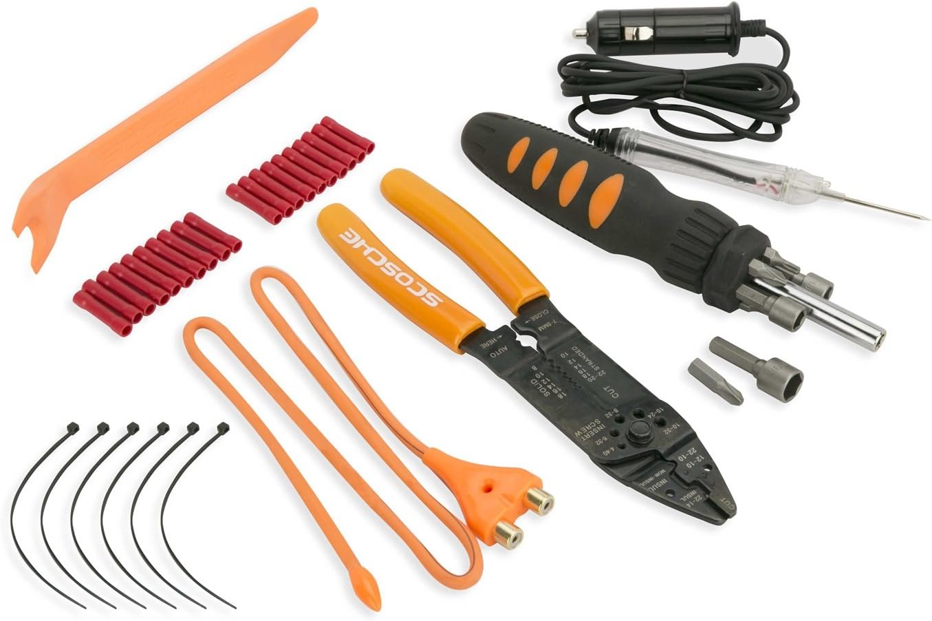 Scosche TK12A Complete Car Stereo Tool Kit - Professional Automotive Grade Car Audio Installation Set with Bit Driver, No Scratch Pry Tool, Wire Stripper, Crimping Tool, and Electrical Connectors