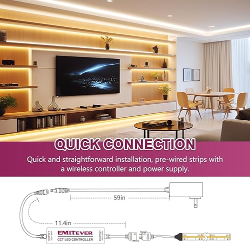 Miniatura 5 de EMITEVER COB Tira de luz LED sintonizable blanca 2700K-6500K, kit de cinta LED CCT regulable de 24 V de 16.4 pies, alta densidad 3200 LED CRI90+,