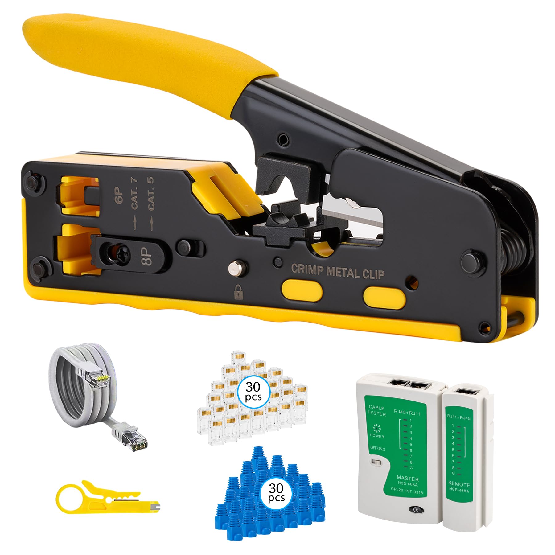 WEETOTUNG RJ45 Crimp Tool Pass Through Kit - Professional Complete Ethernet Crimping tool kit with Tester 30 Cat6 Connectors & Covers for Cat5/Cat5e/