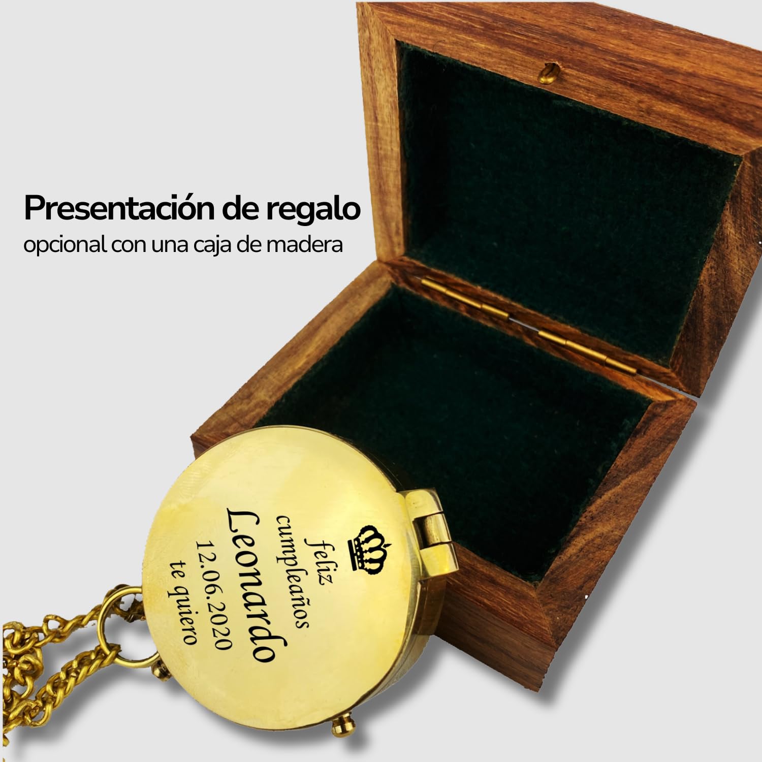 Brújula personalizada de latón pulido con grabado personalizable con tu nombre y texto en diferentes diseños, gran idea de regalo de piel en caja de madera