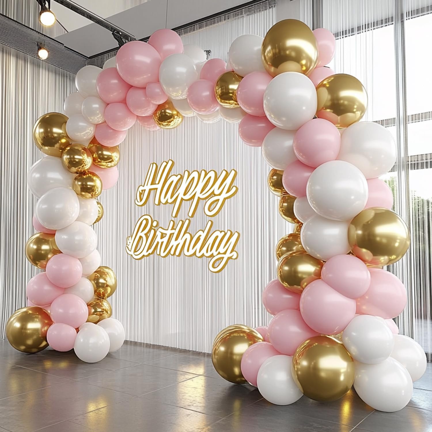 PNSFNE Pink and Gold Balloon Garland Arch Kit with Long Balloons, 5 10 12 18 inch Pastel Pink White Metallic Gold balloons for Girls Birthday Baby