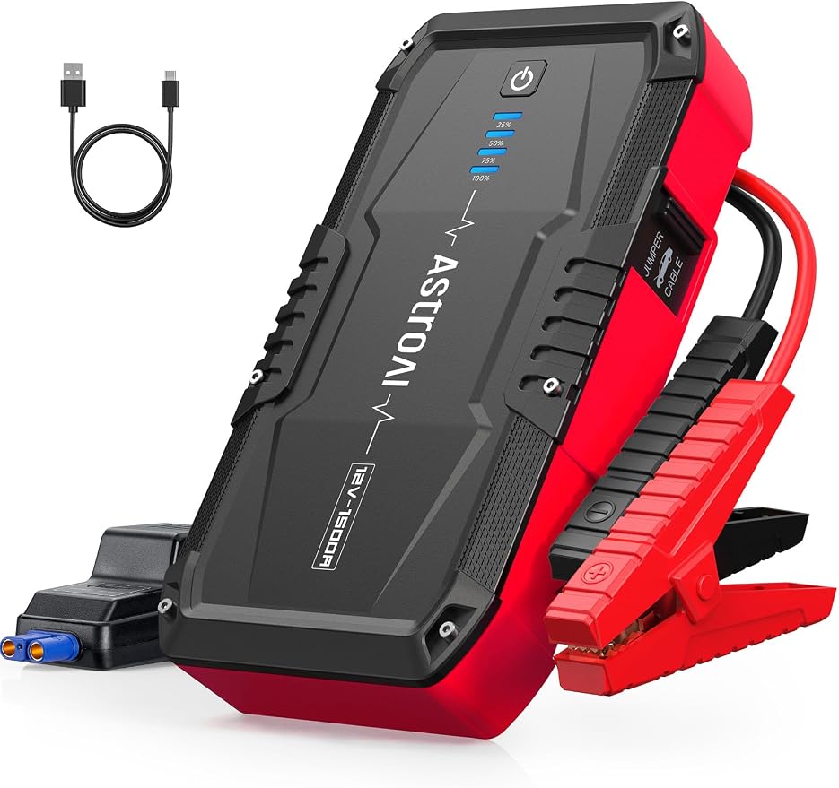 AstroAI S8 Car Battery Jump Starter, 1500A Car Jumper Starter Battery Pack for Up to 6.0L Gas & 3.0L Diesel Engines, 12V Portable Jump Box with 3 Modes Flashlight and Jumper Cable (Red)