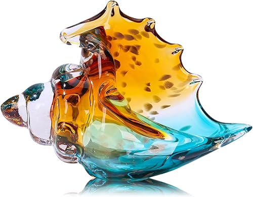 XMGZQ Estatua de caracola de vidrio soplado a mano, figura de arte de cristal marino, decoración costera para el hogar con conchas marinas, soporte