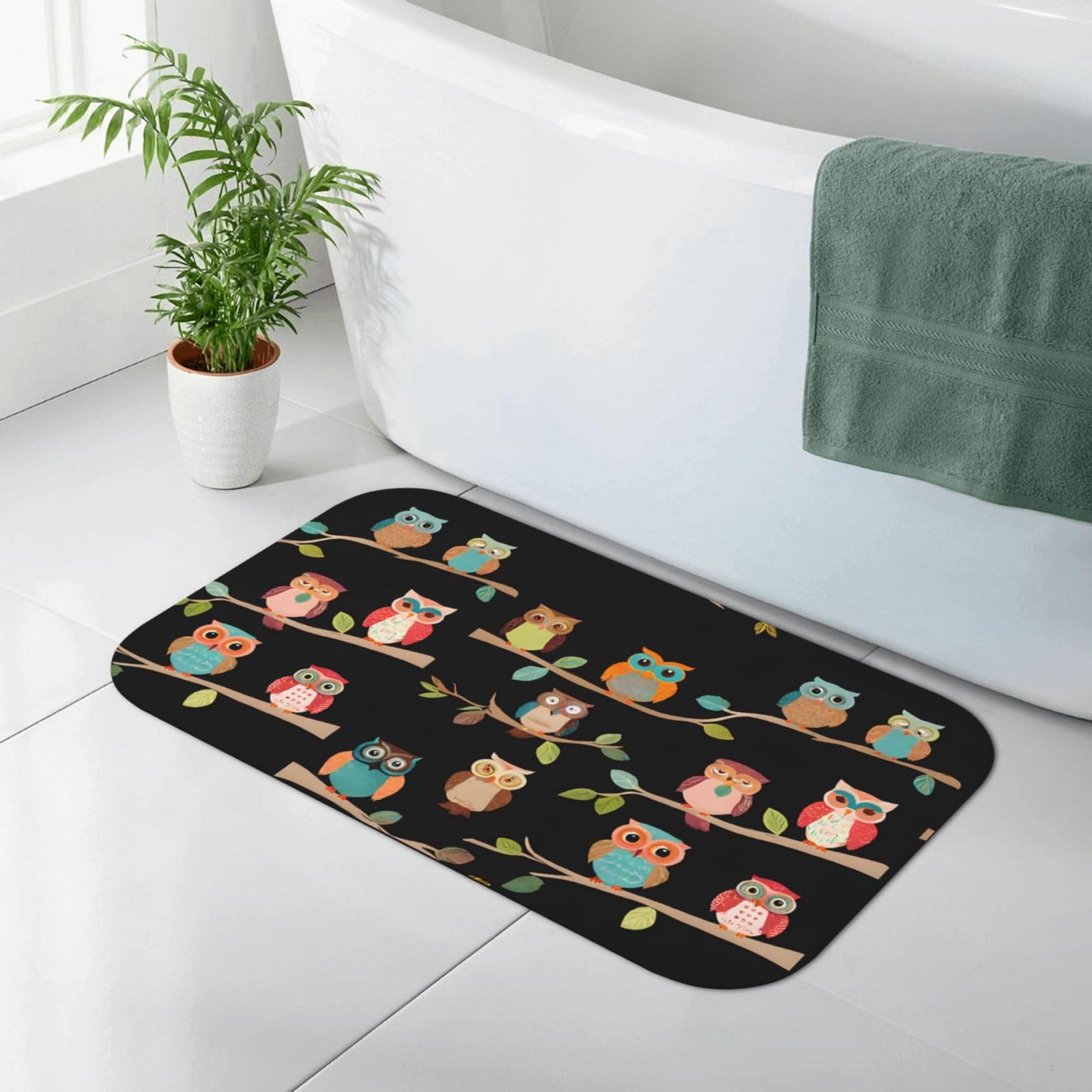 Tapis de salle de bain en terre de diatomée douce à motif chouettes marrons