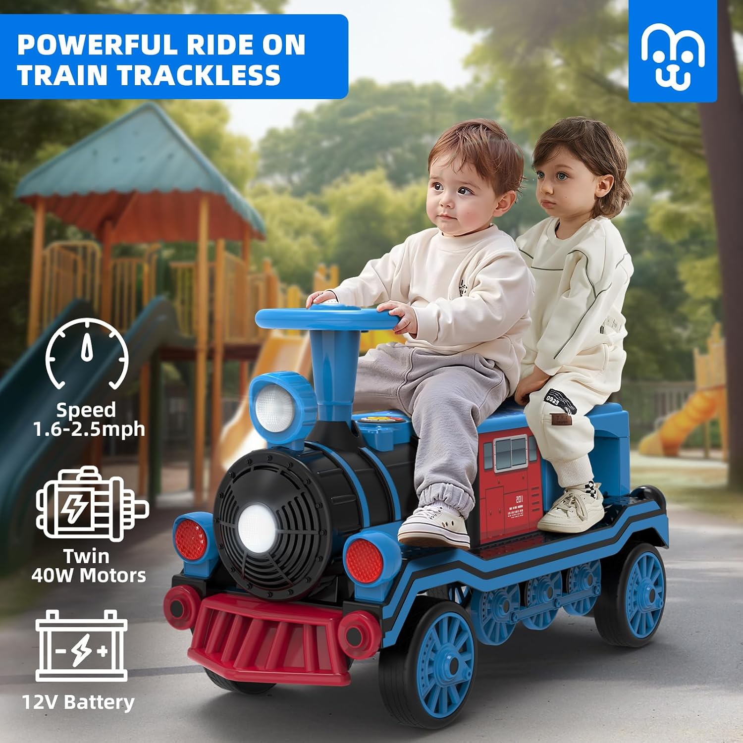 MINIATURE MOTORS 2-Seater Ride On Train, 12V Kids Electric Car with Choo-Choo Train Whistles, Bluetooth USB Music, 2 Speeds, Headlights, Anti-Rollover Device for Pretend Play Gift Kids Aged 3+ (Blue)