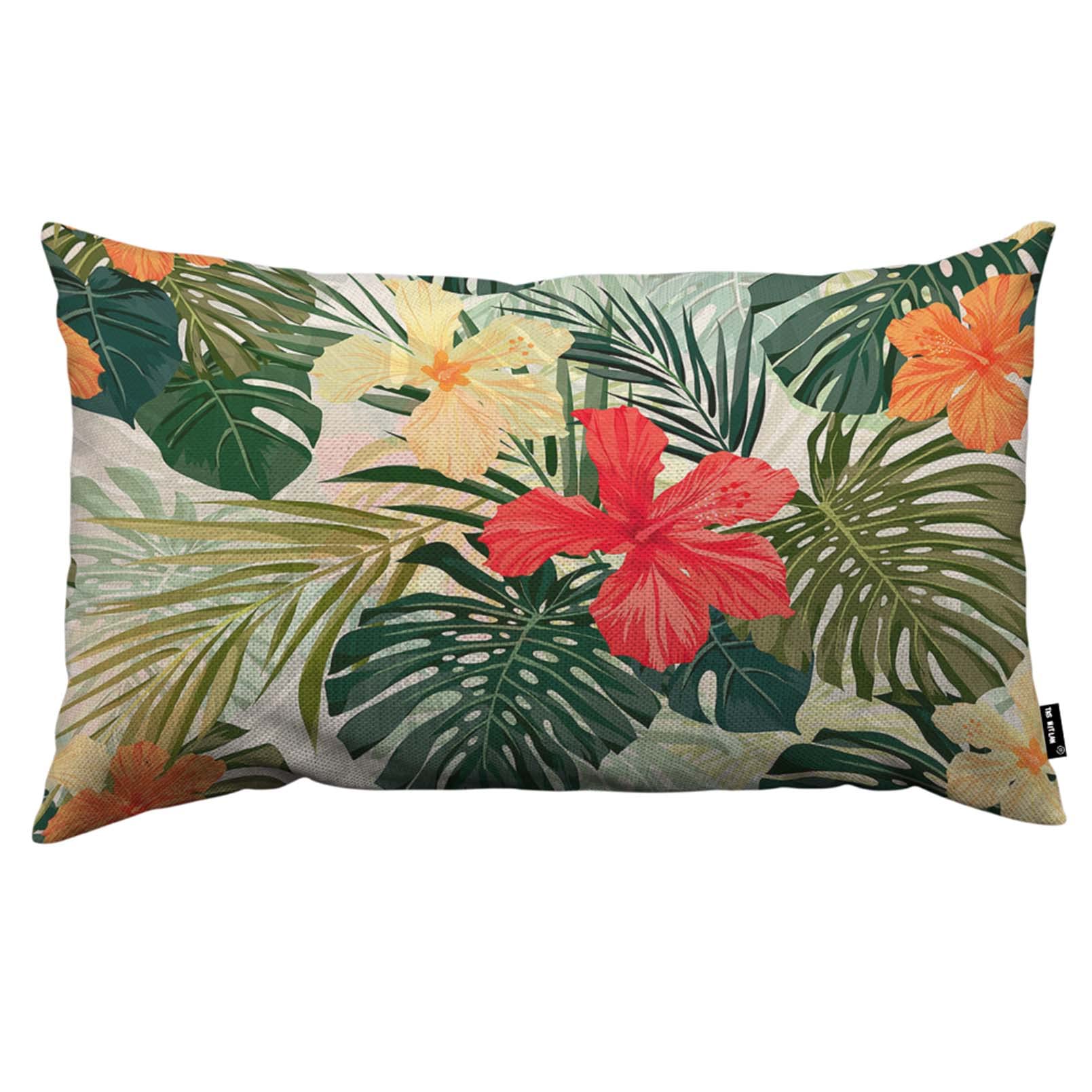 TKS MITLAN Hibiscus Flowers Pillow Cover 12x20 inch Summer Colorful Hawaiian Tropical Plants Palm Leaf Pillows Decorative Throw Pillows Farmhouse Decor for Home Cushion Case