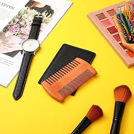 Natural Sandalwood Dual Action Beard and Mustache Comb with Leather Case (Yellow)