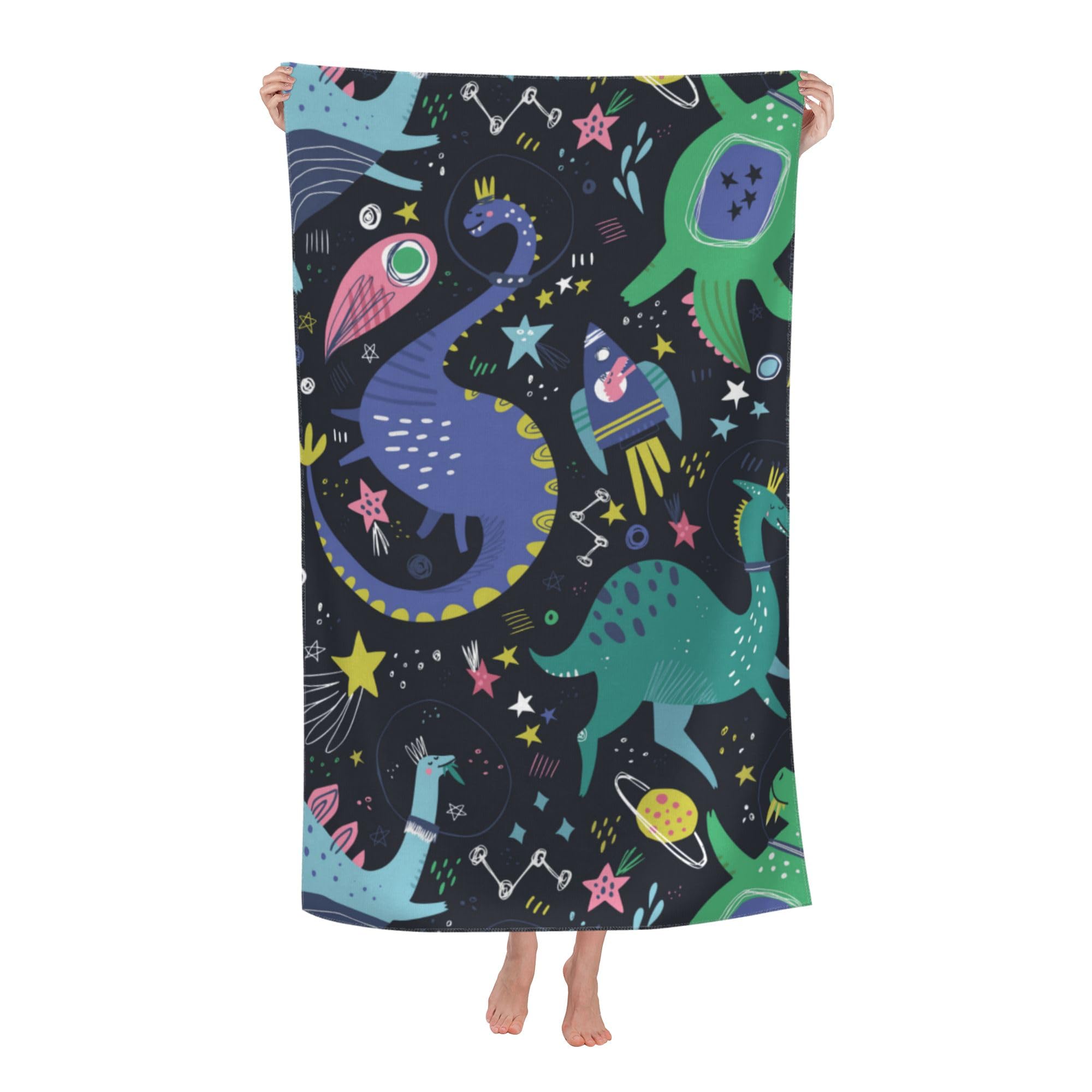LSRCPD Dinosaur Beach Towel 32x52in Microfiber Quick Dry Bath Cute Kawaii Space Rocket Dino Big Towels Soft Lightweight Pool Oversized Towels Sand Free Travel Swimming Decor Gift for Kids Adults