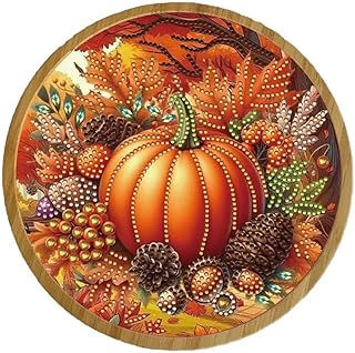 DIY Diamond Round Serving Tray Diamond Art Painting Creative Design Handmade Bamboo Tray Dinner Plate for Coffee Breakfast Home Organizer-Fall Pumpkins