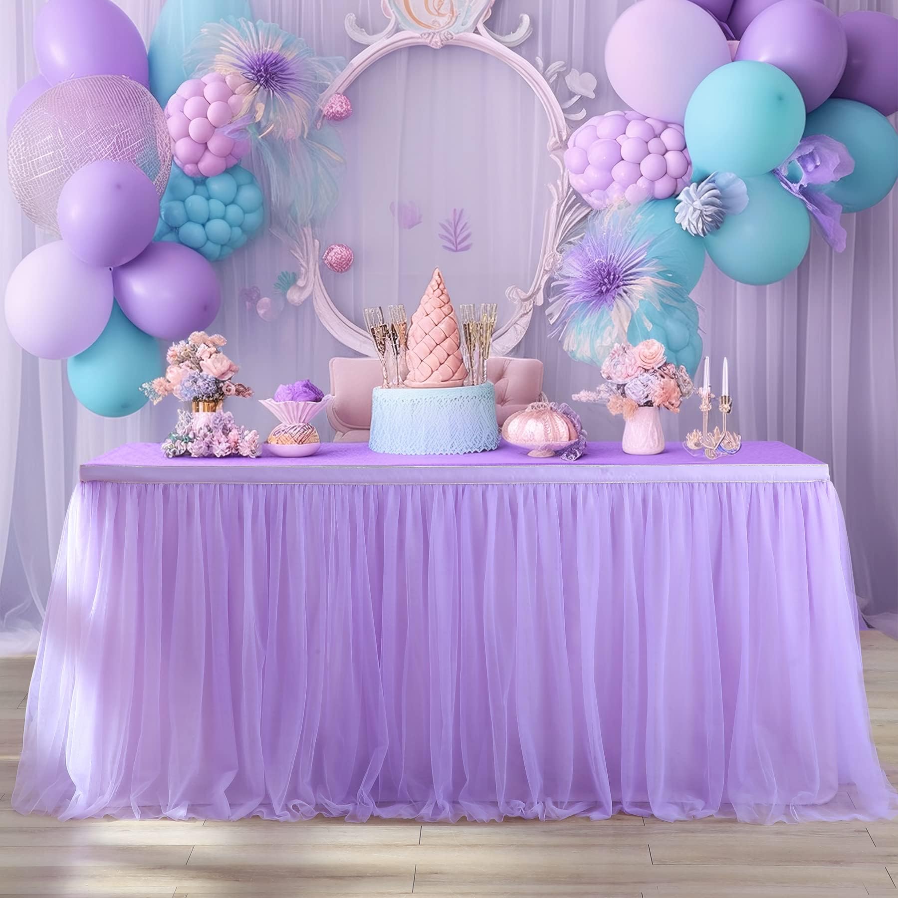 14ft Lavender Tulle Table Skirts for Rectangle Tables or Round Tables Lavender Ruffle Tutu Tablecloth for Girls Baby Shower Birthday Party Wedding Cake Dessert Table Decorations