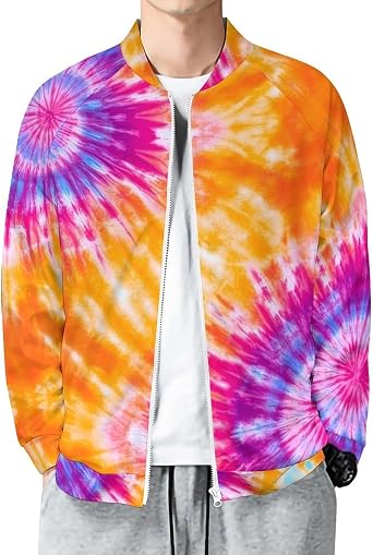 Mens Rainbow Tie Dye Floral Jacket Long Sleeve Zip Up Shacket Shirts