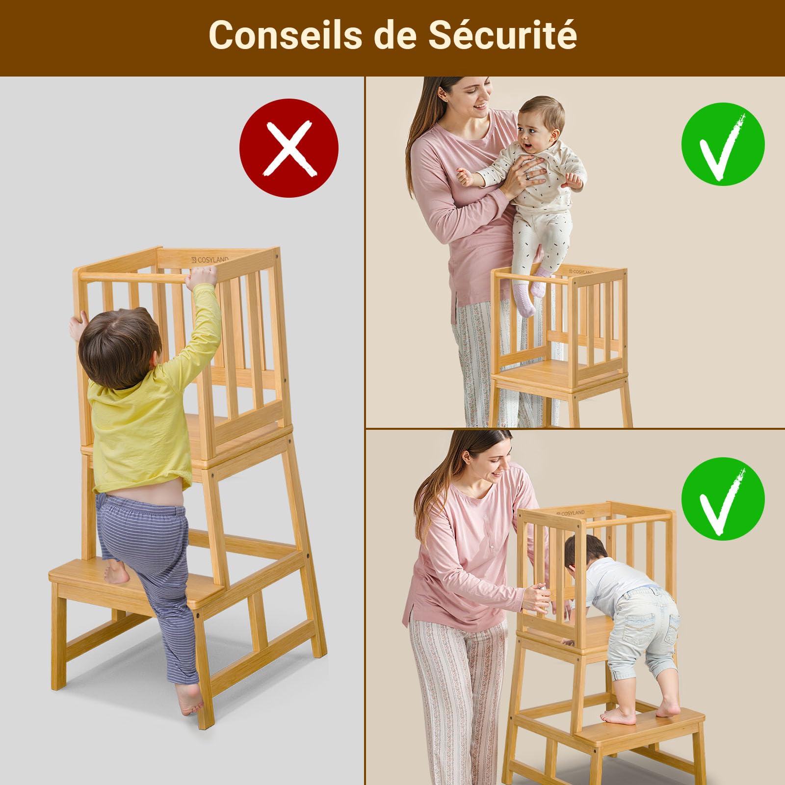 COSYLAND Tour d’Apprentissage Montessori pour Enfants, Sûre et Stable, Learning Tower Couleur Naturelle