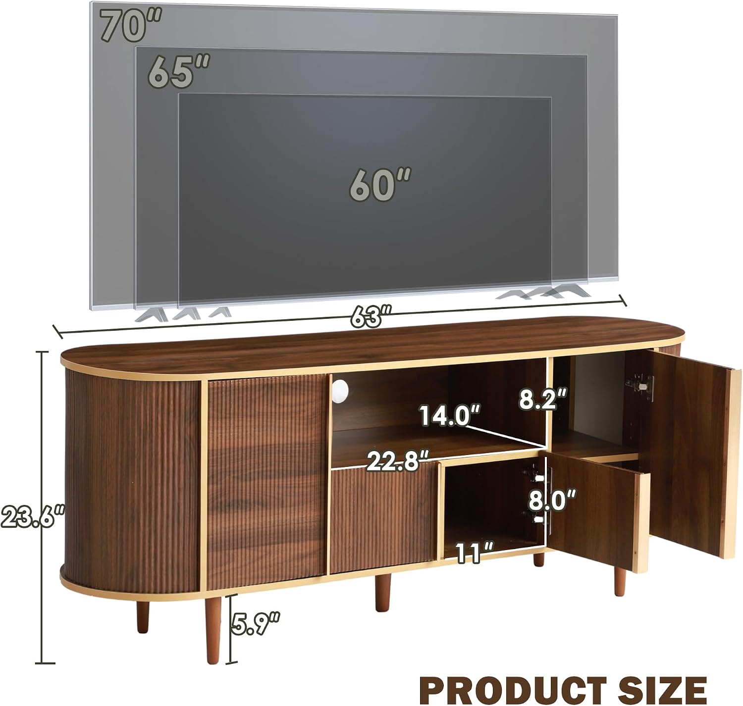 Fluted 63" TV Stand, Wooden Entertainment Center for TVs Up to 80", Modern TV Consoles Cabinet with Wood Grain Finish & Solid Legs, Media Console with Storage for Living Room Bedroom (Brown)