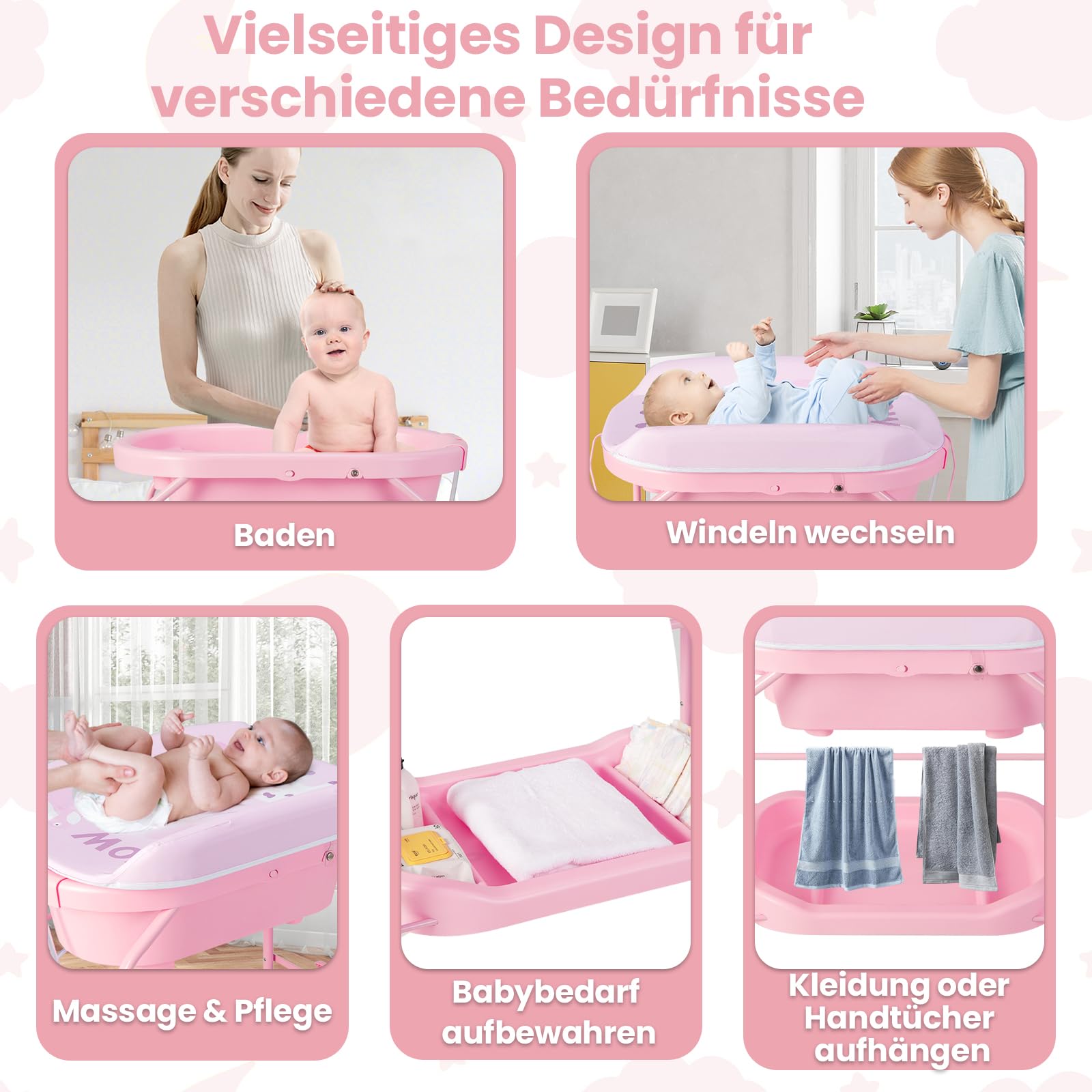 COSTWAY 4 in 1 Wickeltisch klappbar mit Badewanne, tragbare Wickelkommode mit Wickelauflage, mobile Wickelstation mit Universalrädern für 0-12 Monate Baby, bis 35 kg belastbar (Rosa)