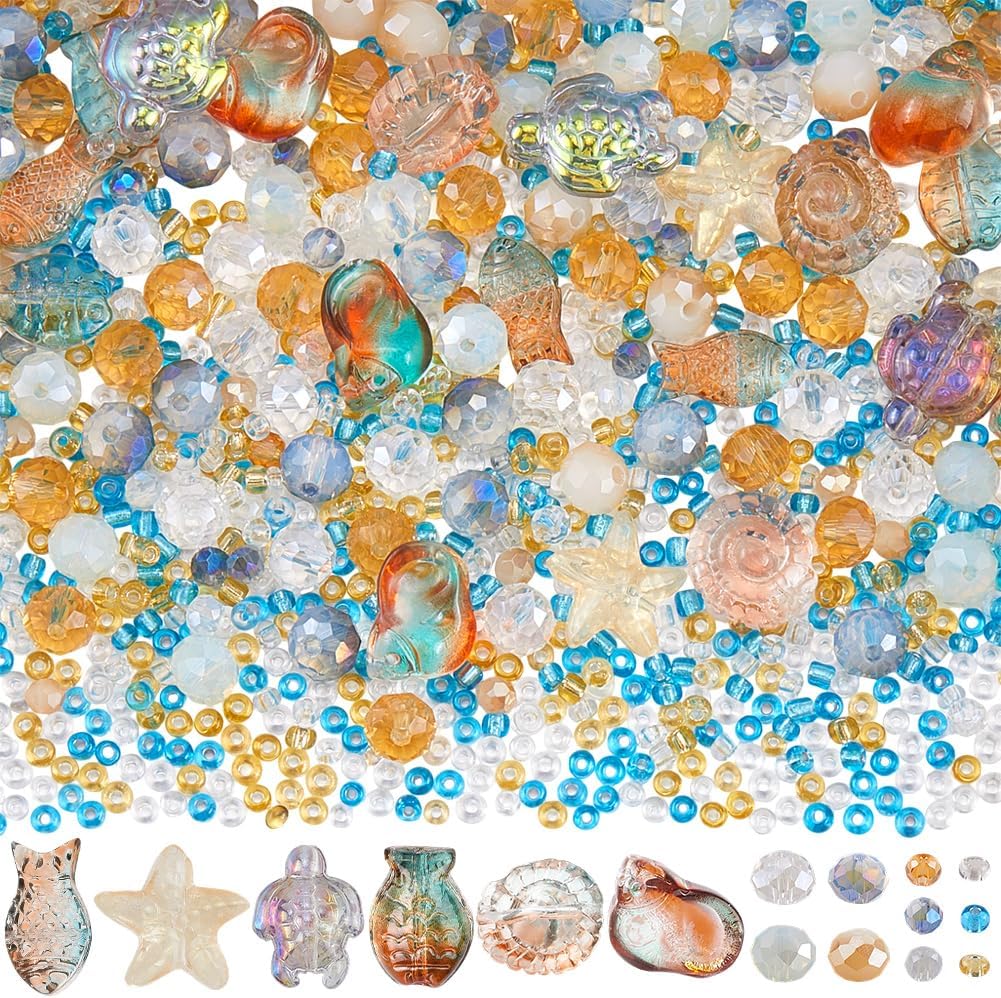 SUNNYCLUE 1 Box About 949pcs Ocean Bead Kit Glass Sea Beads Cute Clear Summer Color Beach Animals Fish Conch Loose Spacers Glass Seed Beads for Jewelry Making Kits Bracelets Necklaces Party Decor
