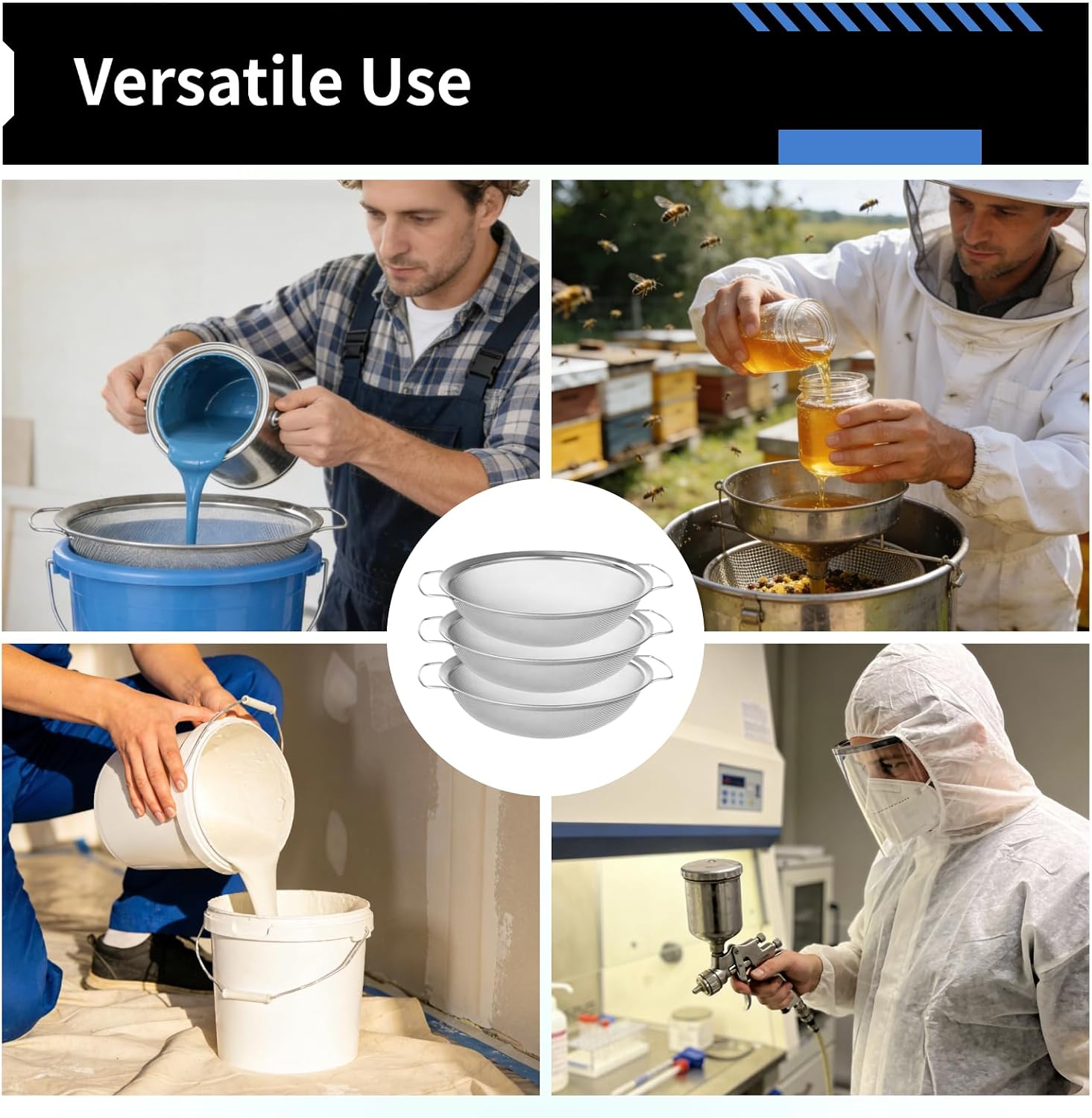 3 Pcs Stainless Steel Fine Mesh Paint Strainer Set with Handles, Mesh Strainer for 5 Gallon Bucket, Paint Strainer, Reliable Rustproof Paint Filter for Filtering Latex Oil-Based Paint Liquids