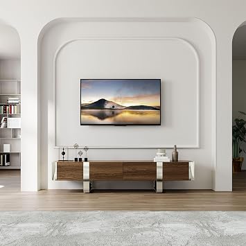 Walnut and Silver TV Stand, 79 inch TV Entertainment Center with 2 Hidden Storage Drawers and Cabinets, Media TV Console Table with U-Shaped Mirrored Chrome Leg for Living Room, Bedroom