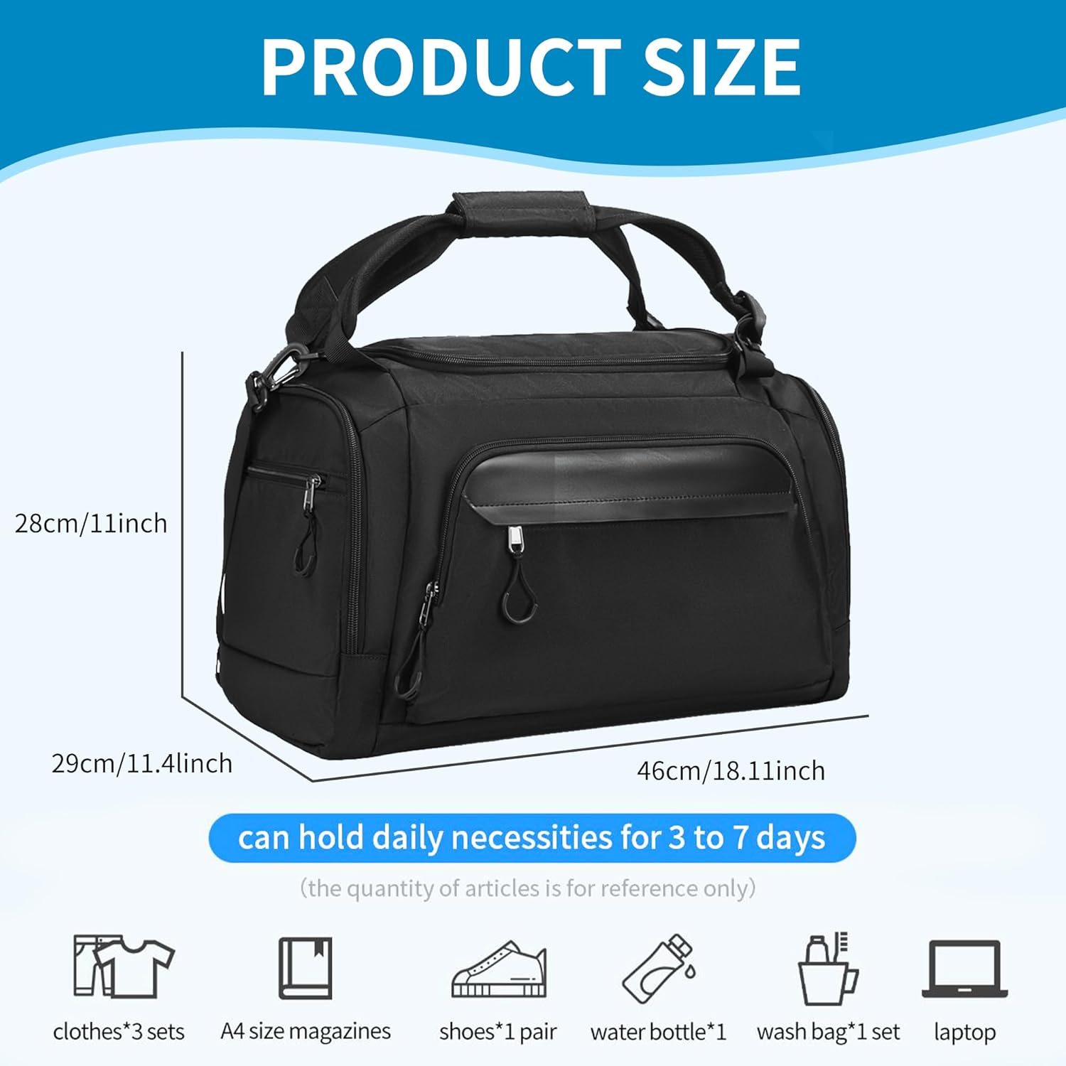 Travel Duffel Bag with Shoe Compartment and Wet Pocket, Gym Duffel Bag for Men and Women, Large & Waterproof, Black