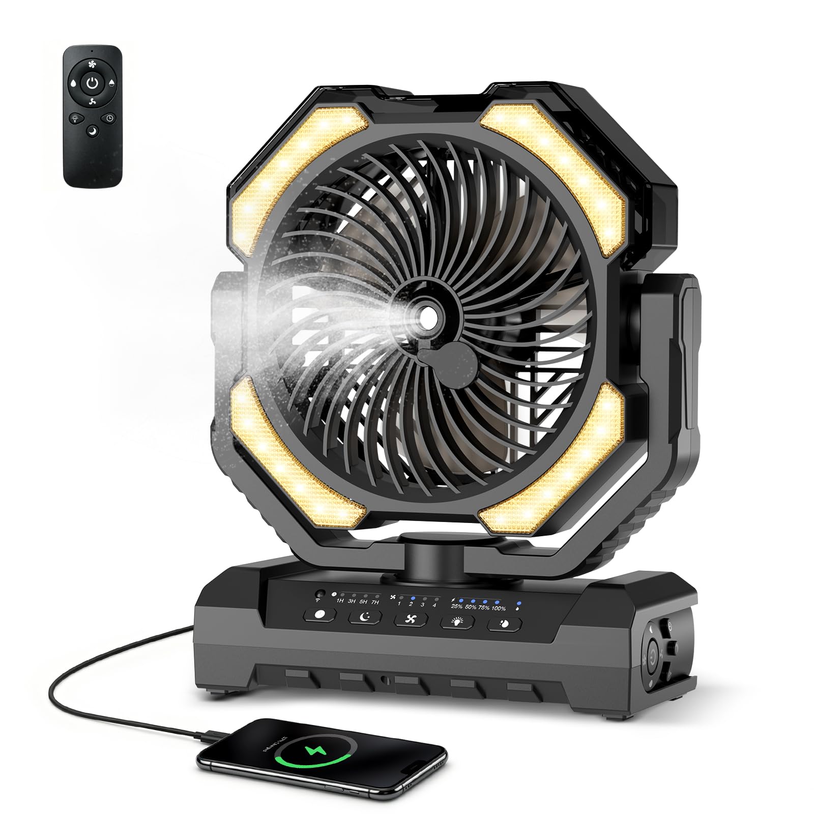Ateroll 20000 mAh Akku Camping Ventilator mit Sprühnebel, USB Ventilator Akku mit Fernbedienung, LED, Aufhängehaken Tischventilator Für Zelt, Outdoor, Zuhause,Terrasse, Reisen