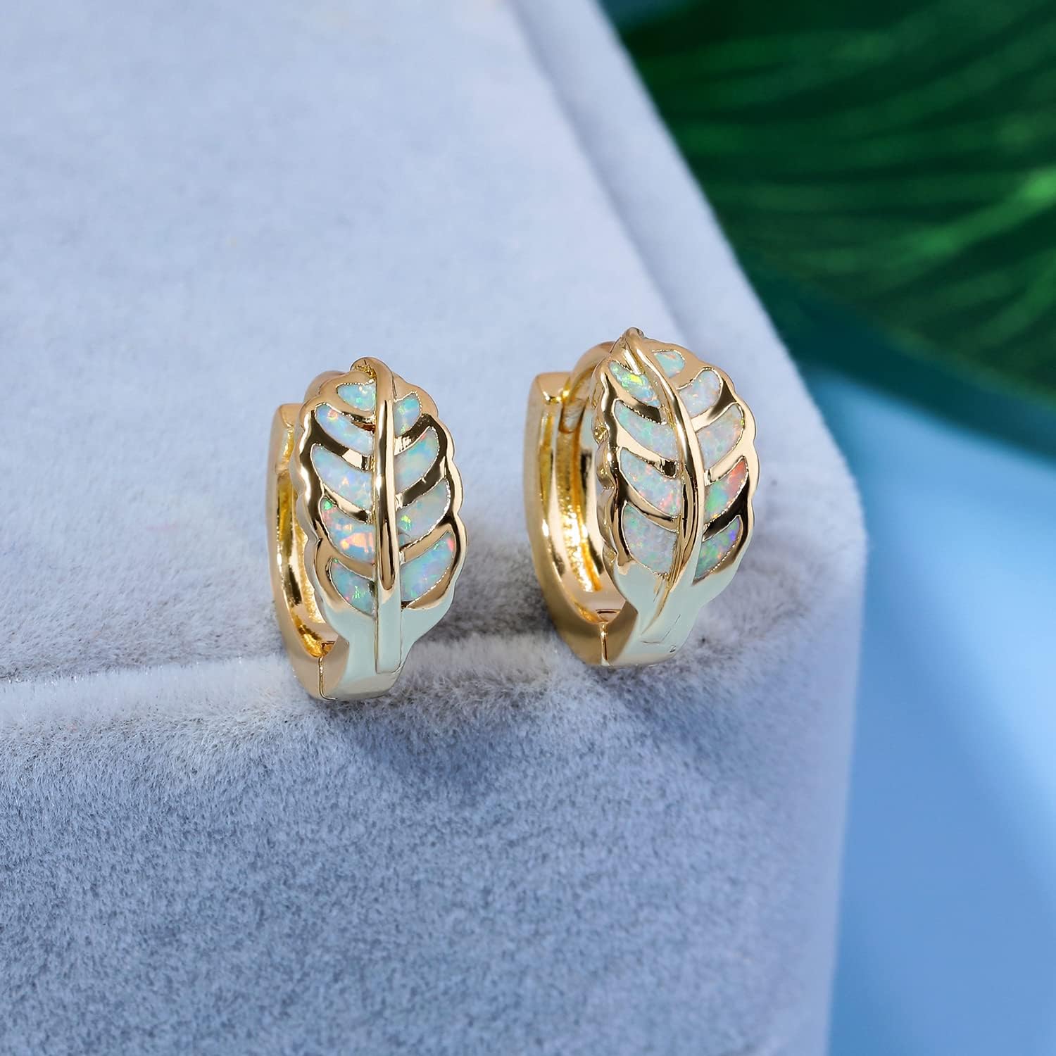 Leaf Small Hoop Earrings for Women Girls Opal Huggie Hoop Earrings 14K Gold Plated Cartilage Mini Earrings - Image 3