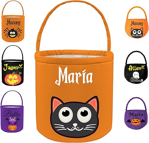 Cubo de Halloween personalizado con nombre, 12 patrones impresos, cestas de truco o trato para niños, cesta de fiesta de dulces personalizada para