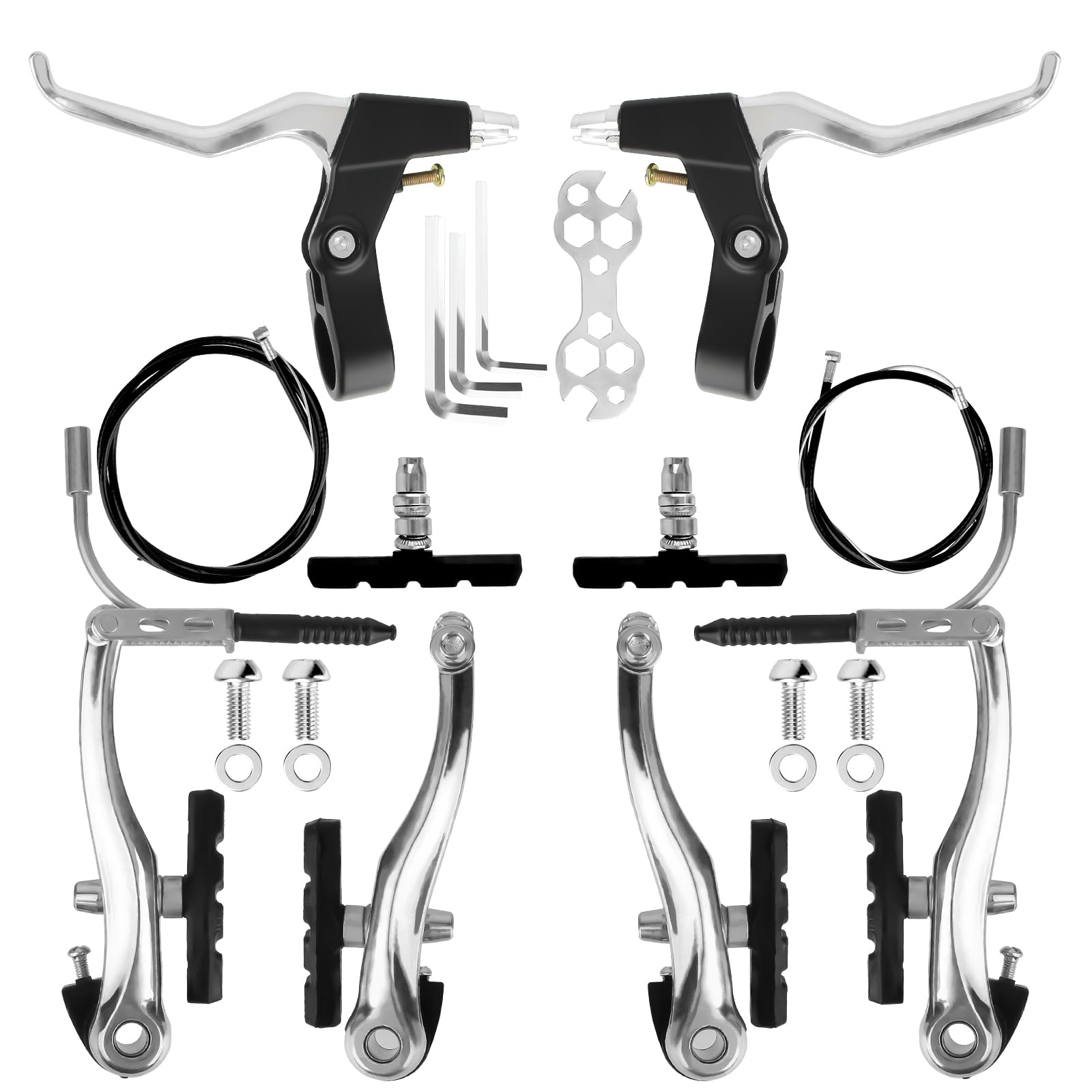 KAHOUI Bike Brakes Set, V Brake Front Rear, Full Aluminum Bicycle Brakes with Brake Cable, Brake Lever, Brake Pads, Brakes Bicycle Universal, for Mountain Bike, City Bike, Folding Bikes (Silver)