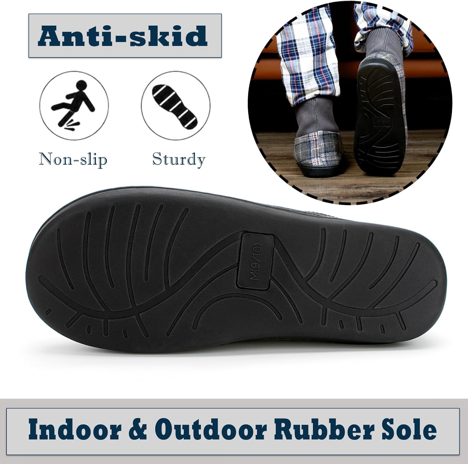 Cozylook Men's Slippers with Knitted Cuff Cozy Memory Foam Non-slip Indoor Outdoor Slipper Socks with Rubber Sole Gray Checkered Size 10-11 - Image 5