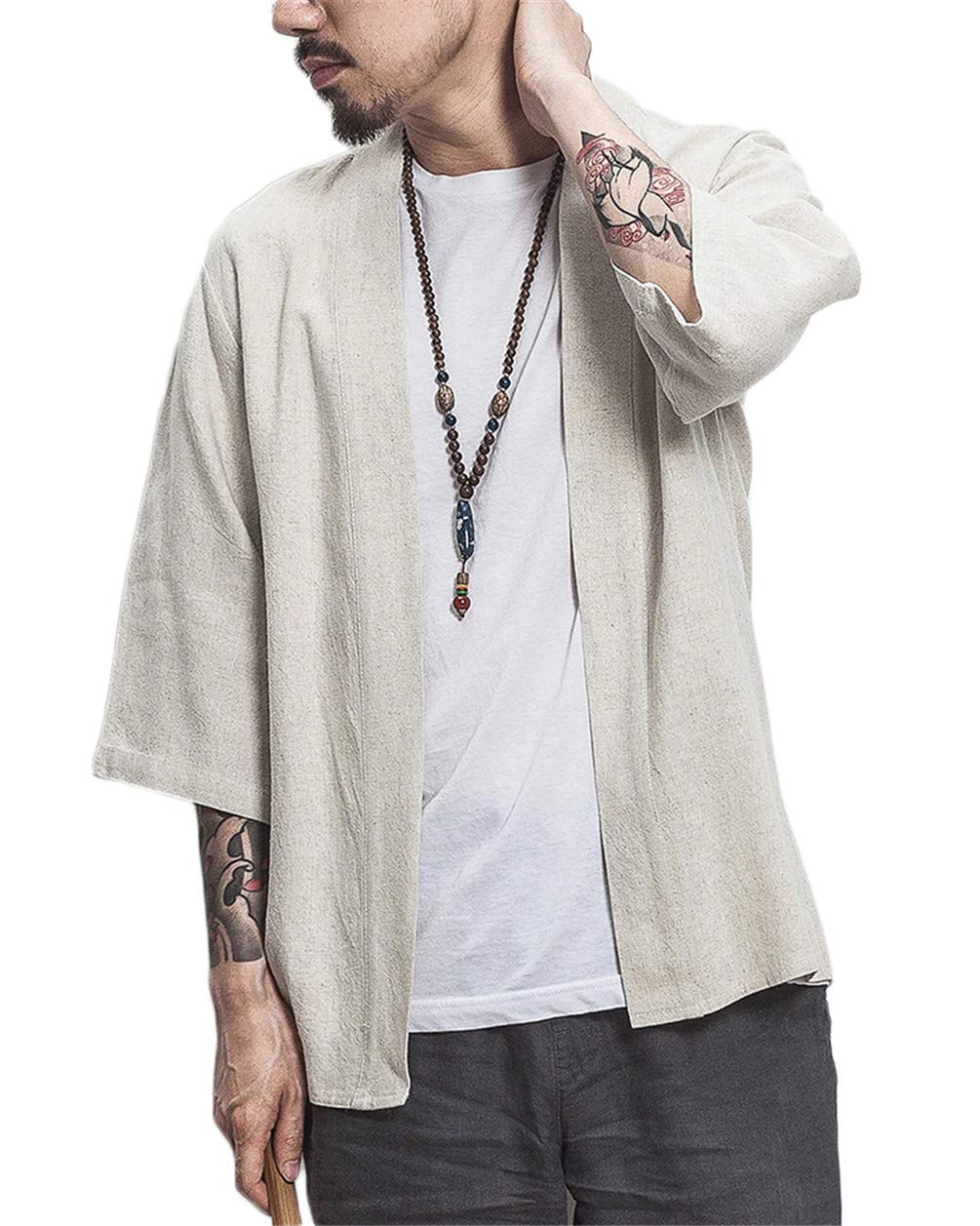 GUOCU Hombres Color Sólido Kimono Rebeca Camisa Retro Playa Chaqueta Holgado Algodón y Lino
