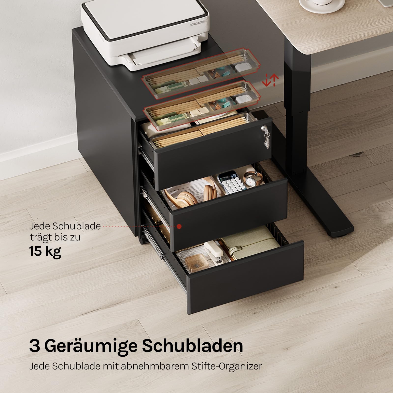 WOLTU Rollcontainer Metall, Mobiler Aktenschrank Büroschrank mit 3 Schubladen Bürocontainer, abschließbares und verstellbares Hängeregister, vormontiert, Büro, Home Office Schwarz SK024sz
