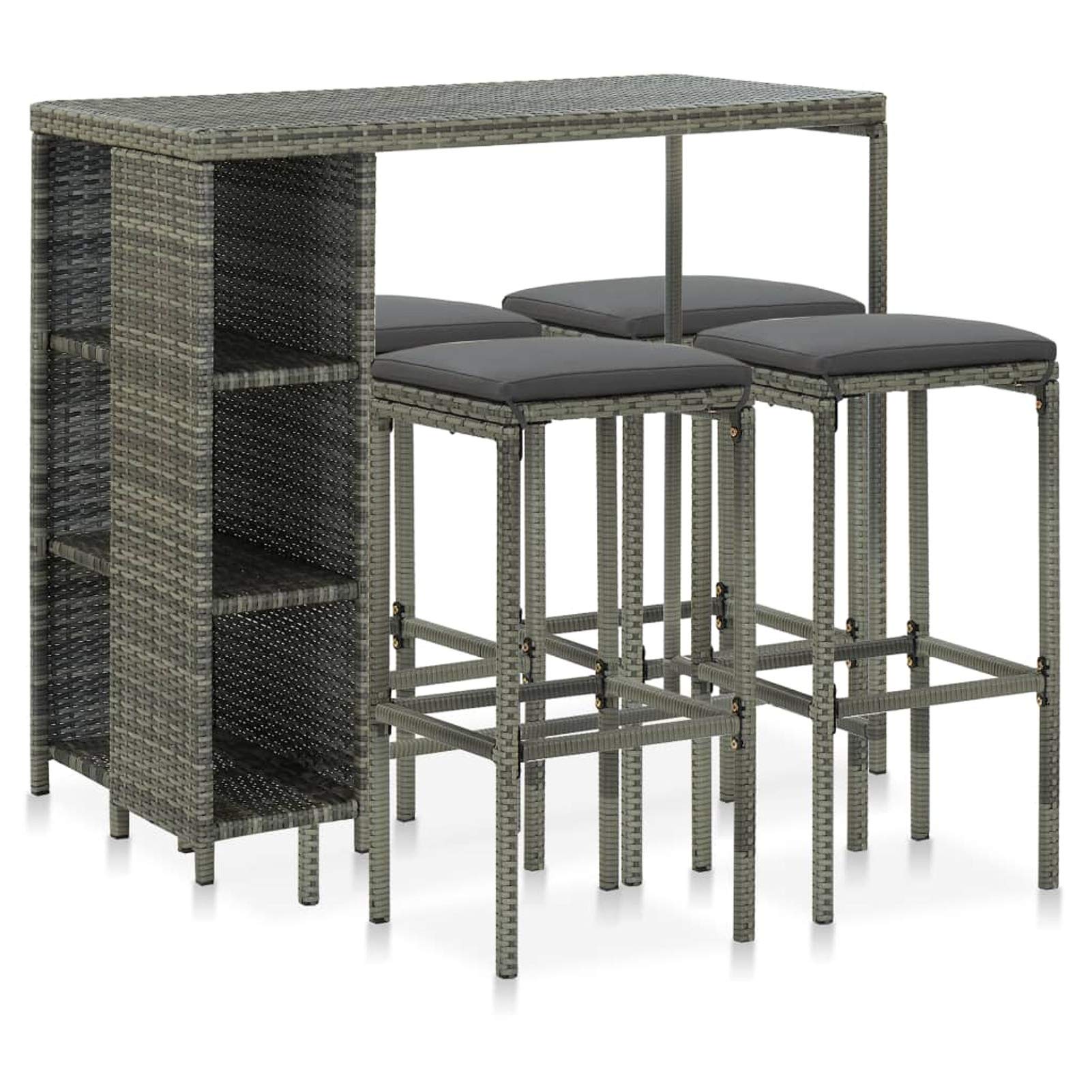 Festnight Juego de Bar de Mimbre para Exteriores de 5 Piezas, Mesas Altas y 4 Taburetes con Cojines, Muebles de Bar Jardín Exterior, Mesa con Tapa Lisa y Estante de Almacenamiento Gris#3