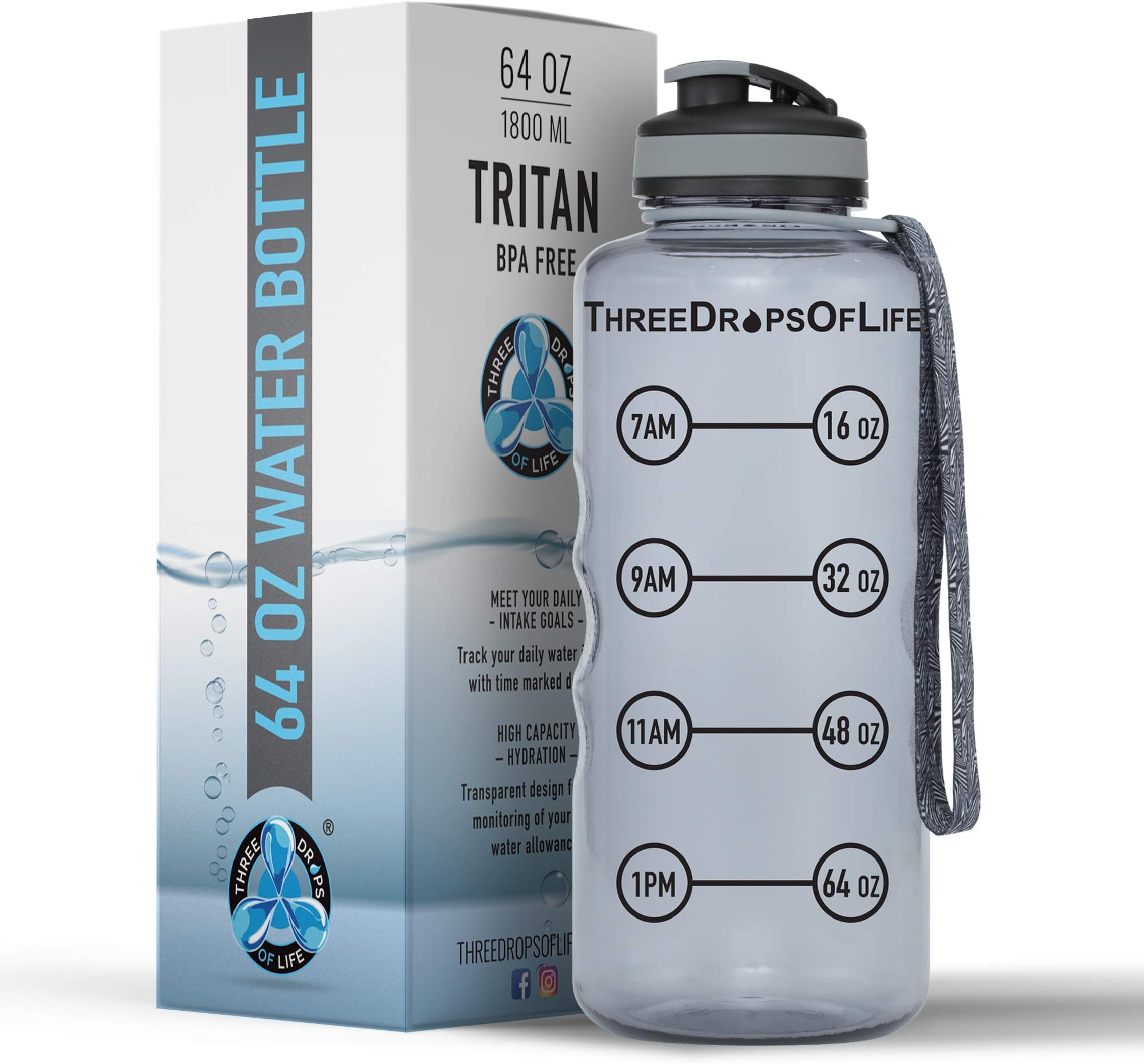 Three Drops of Life 64oz Tritan Plastic Water Bottle, Large, Smoke Gray, High Capacity Hydration Tracker, BPA Free, Reusable, Best for Indoor, Outdoor, Sports Use