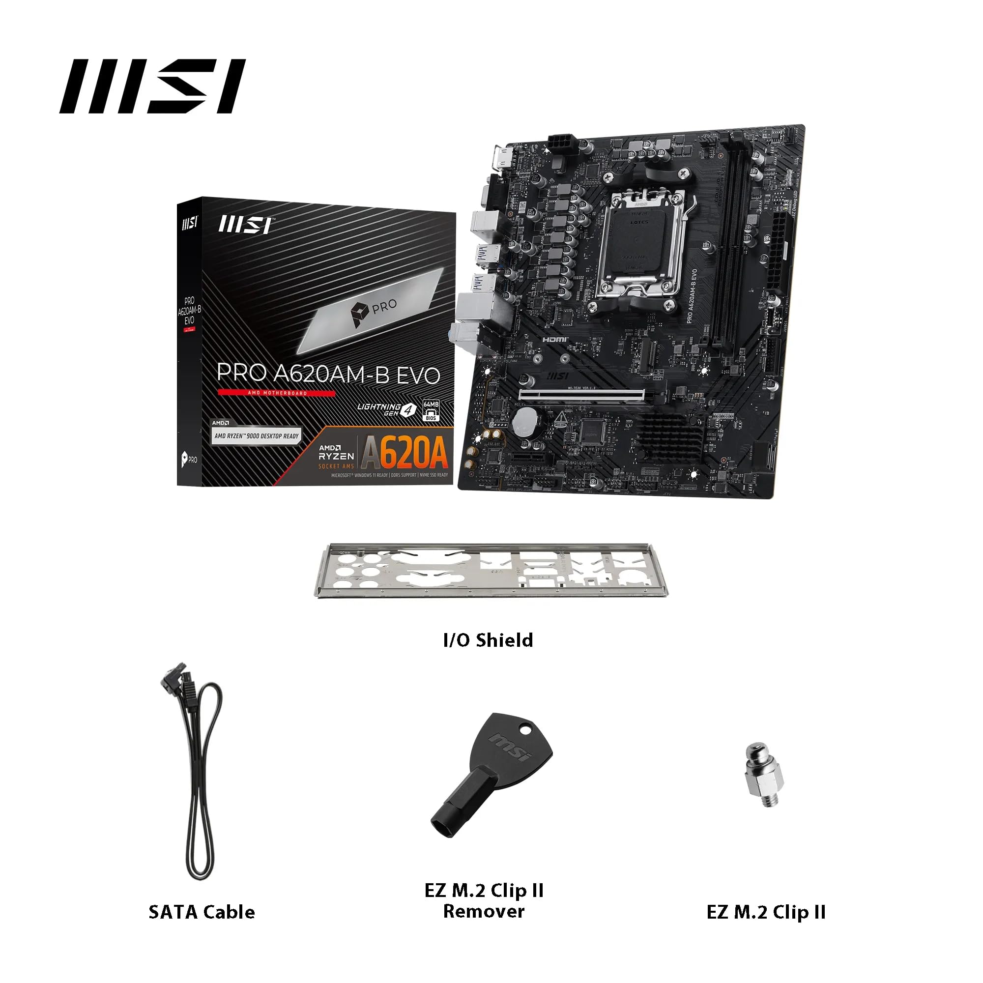 MSI PRO A620AM-B EVO Płyta główna, Micro-ATX - Obsługuje procesory AMD Ryzen 9000/8000/7000, AM5 - DDR5 Memory Boost (6800+ MT/s OC), 1 x PCIe 4.0 x16, 1 x M.2 Gen4