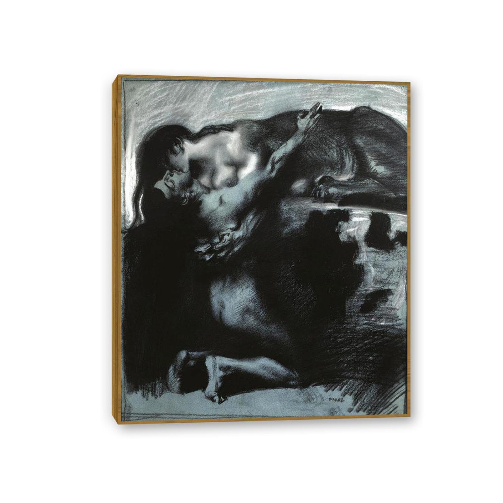 Hau3sh3a Franz von Stuck Wall Art Print Kiss of a Sphinx Symbolism Canvas Poster Famous Artwork Wall Decor for Living Room Bathroom Office 90x70cm(36x28in) Teak frame